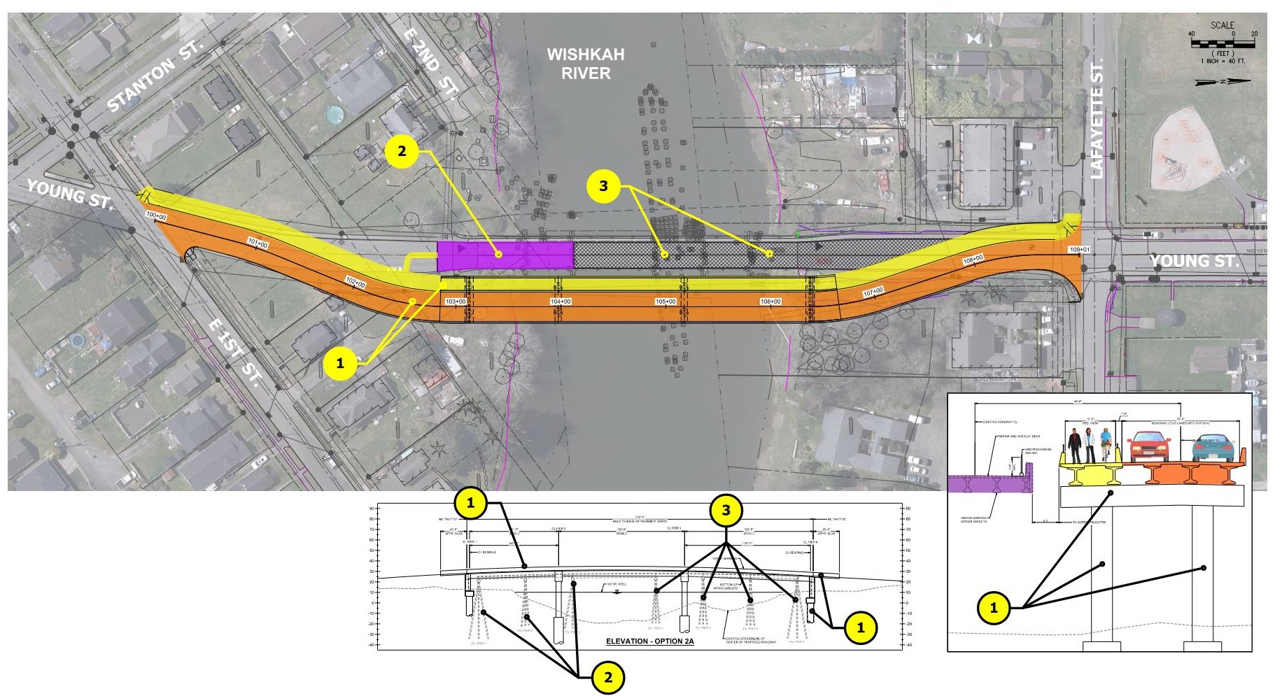 Option 2A overview: Potential North Aberdeen Bridge alternative that involves building a new bridge while retaining the southern portion of the existing bridge and removing the northern portion.