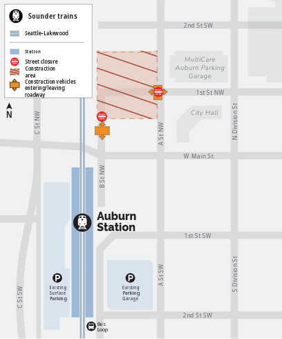 Map of construction area at the intersection of 1st St NW and B St NW . 1st St NW will be closed west of A St NW and B St SW will be closed north of W Main Street. Construction vehicles will enter and leave the roadway along the main roads.