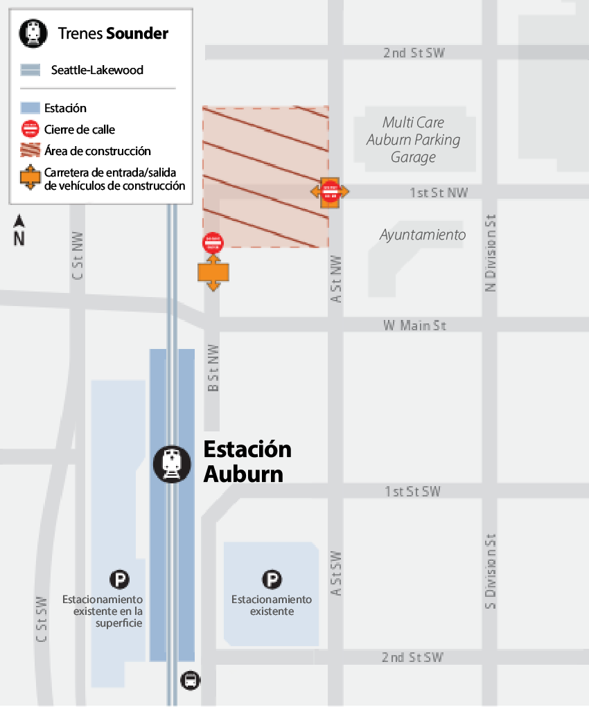 Mapa del área de la construcción en la intersección de 1st St NW y B St NW. 1st St NW estará cerrada al oeste de A St NW, y B St SW estará cerrada al norte de W Main Street. Los vehículos de construcción entrarán y saldrán de la carretera por los caminos principales.