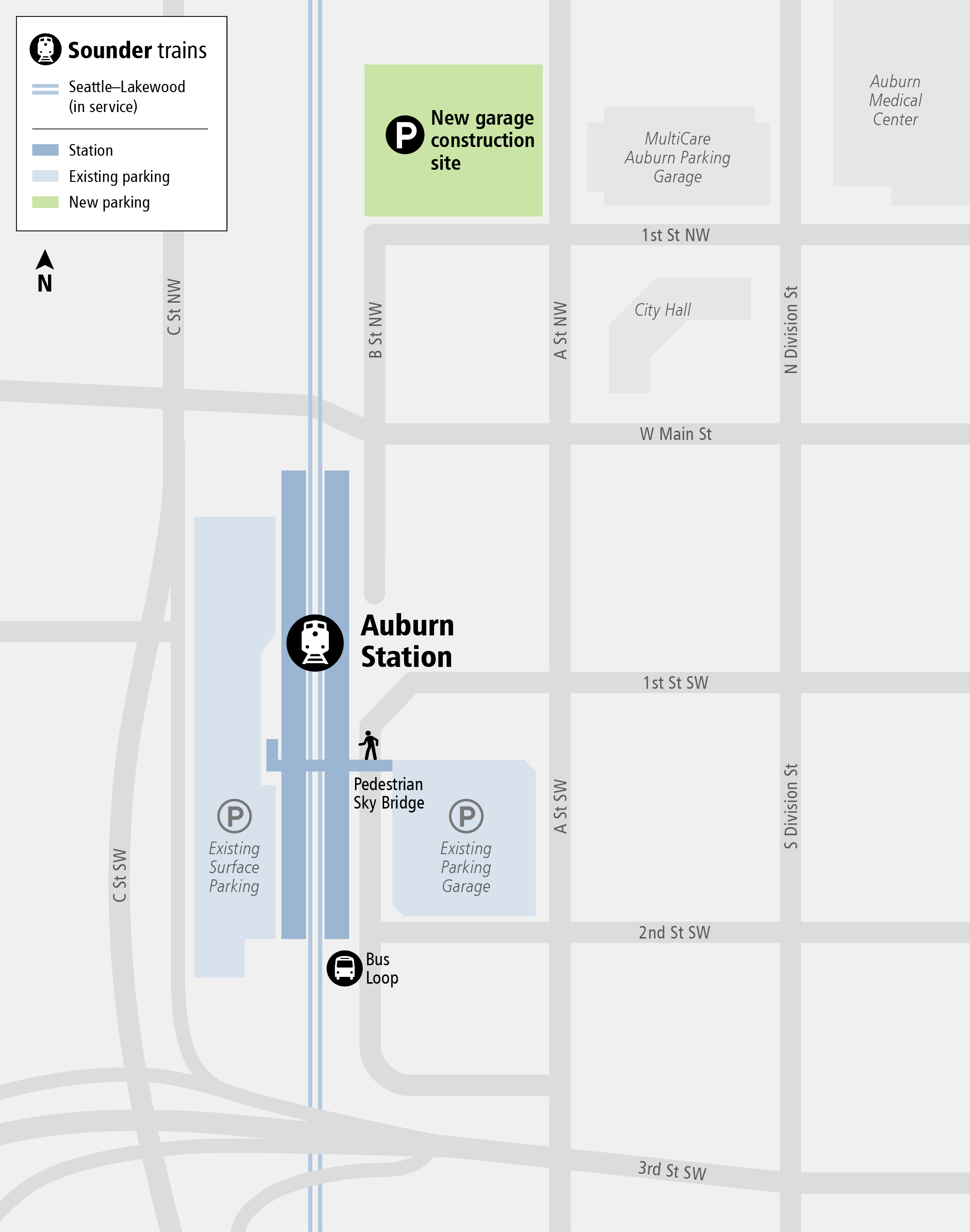 Map of construction area, showing the project area between West Main Street and 2nd Street Southwest. There will be street closures within the construction area and construction vehicles entering and leaving the roadway along 2nd Street Southwest. 