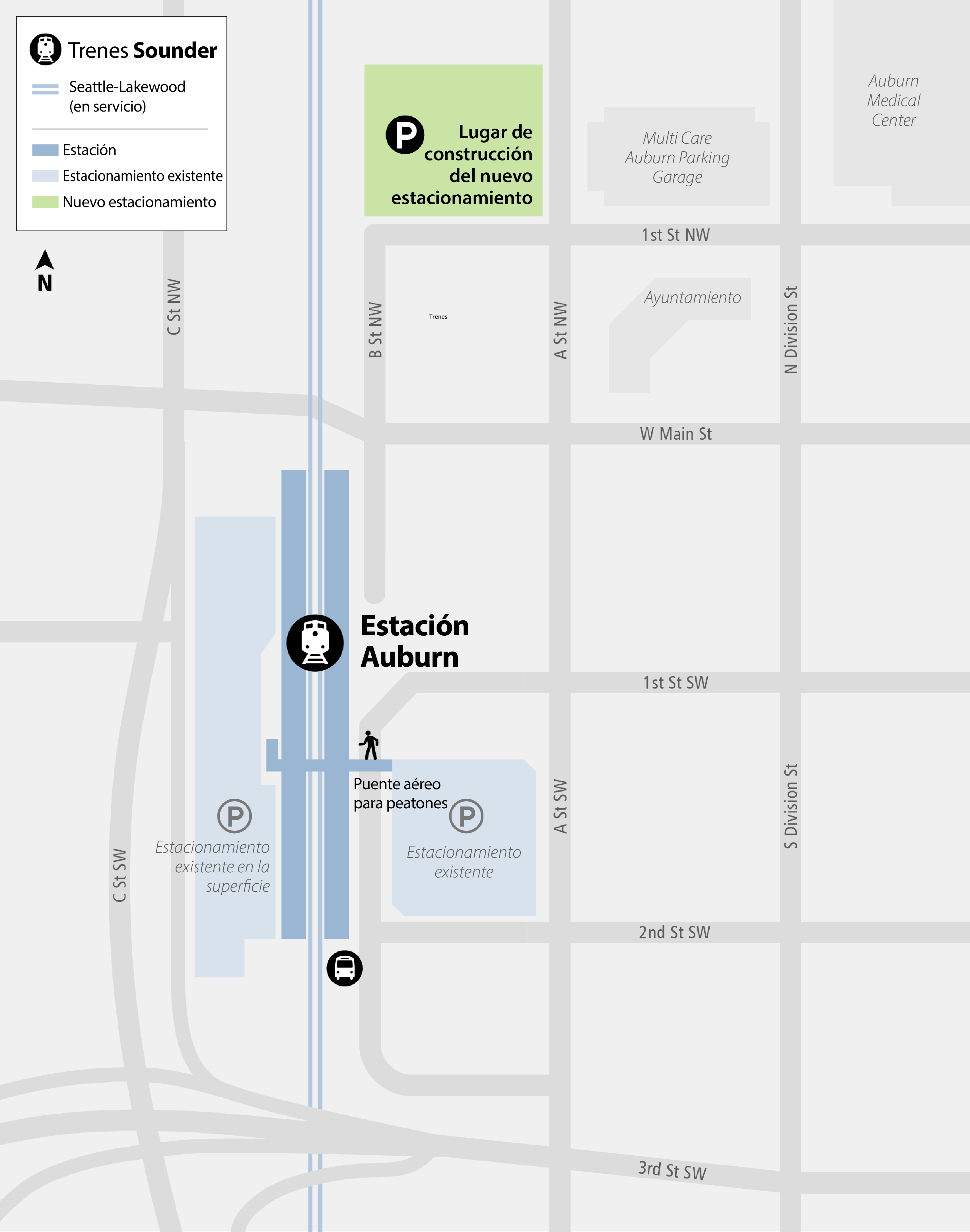 Mapa del área de construcción que muestra el área del proyecto entre West Main Street y 2nd Street Southwest. Habrá cierres de calles en el área de construcción y vehículos de construcción que entrarán y saldrán de la carretera por 2nd Street Southwest. 