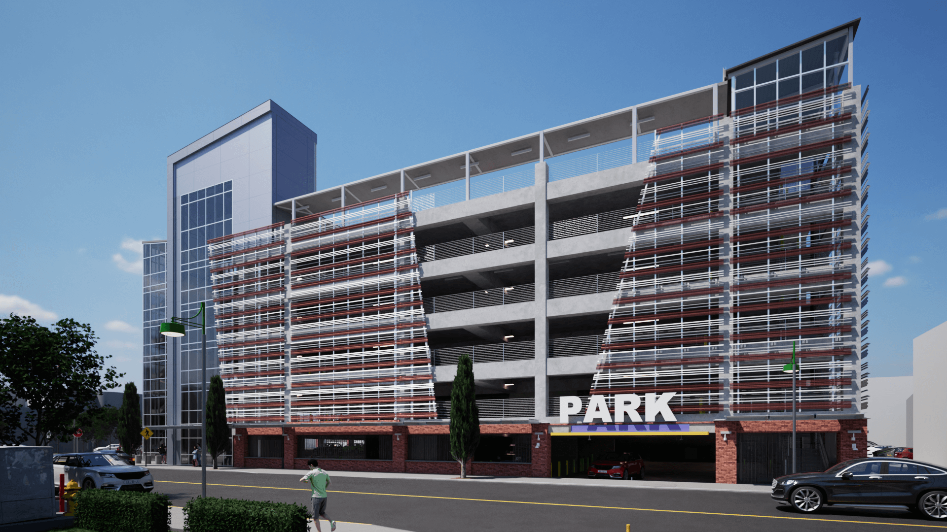 A parking garage, viewed from across the street with a ground-floor entrance, and red and grey horizontal slats running along the length of the building.