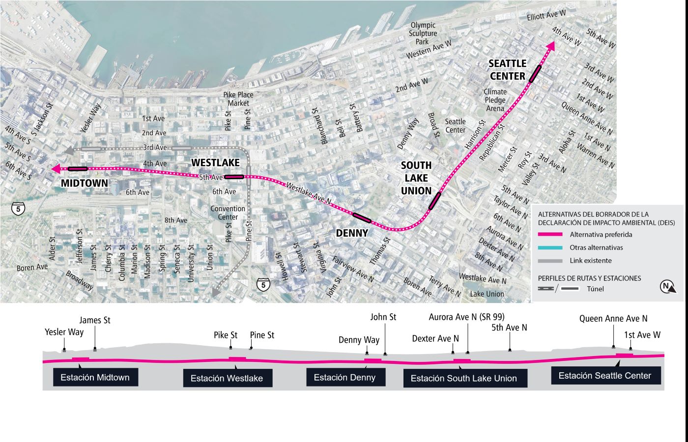 Mapa del segmento Downtown desde Yesler Way hasta Terry Avenue North que muestra las estaciones Midtown, Westlake, Denny, South Lake Union y Seattle Center principalmente a lo largo de 5th Avenue, Westlake Avenue y Harrison Street. Muestra la vista de perfil de las estaciones del túnel.