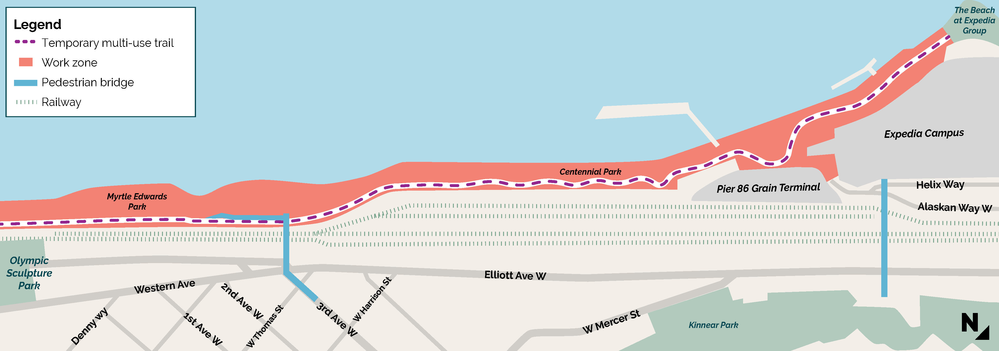 A map showing Myrtle Edwards and Centennial Parks Construction work zones, bridges, elevators and railways.