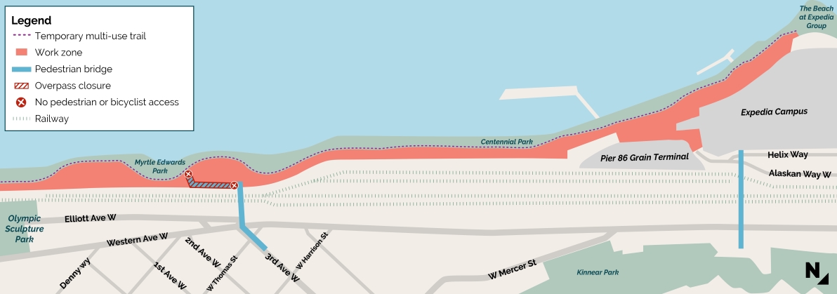 A map showing Myrtle Edwards and Centennial Parks Construction work zones, bridges, elevators and railways.