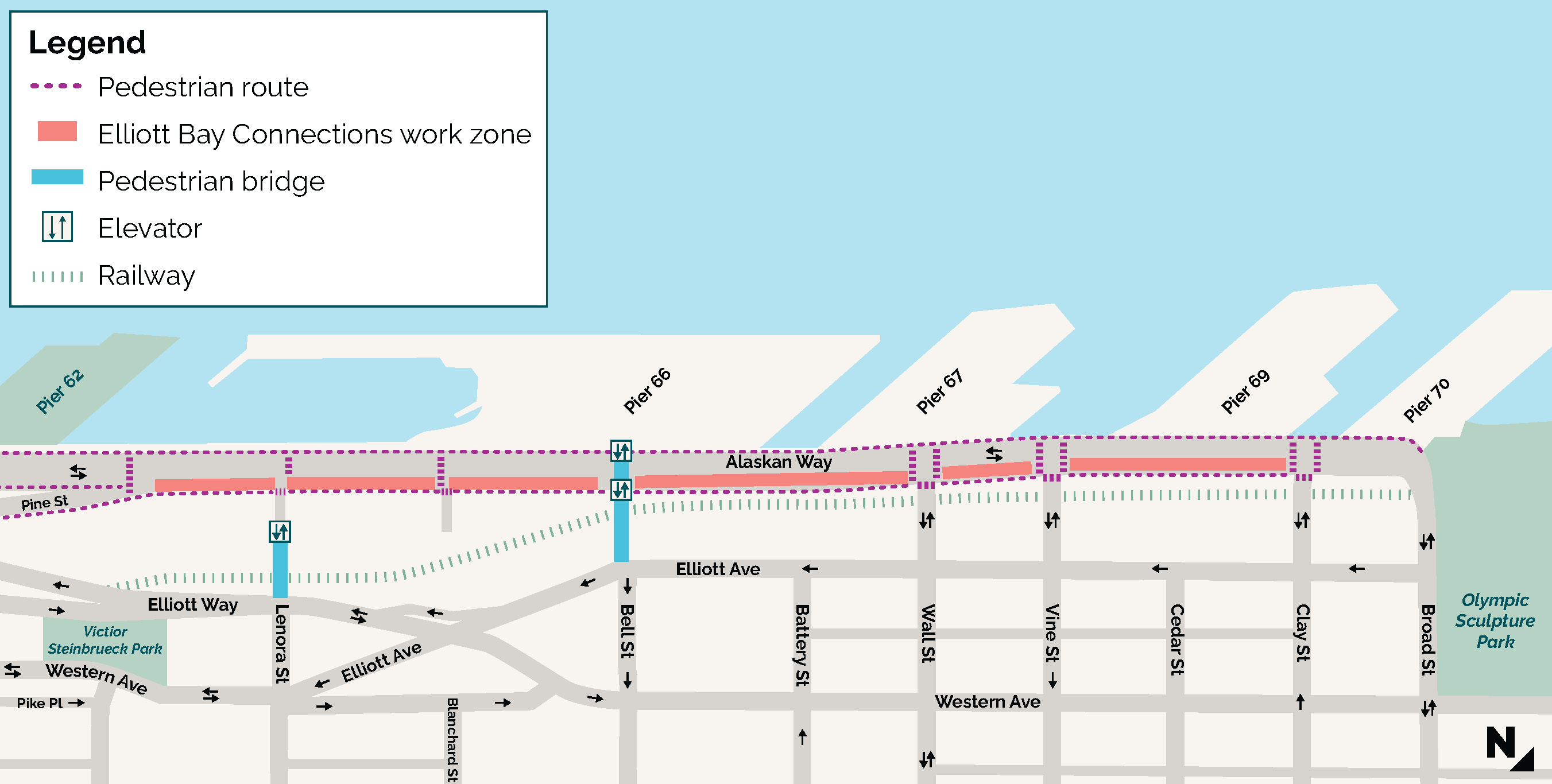 A map showing Greenway Trail Construction work zones, bridges, elevators and railways.