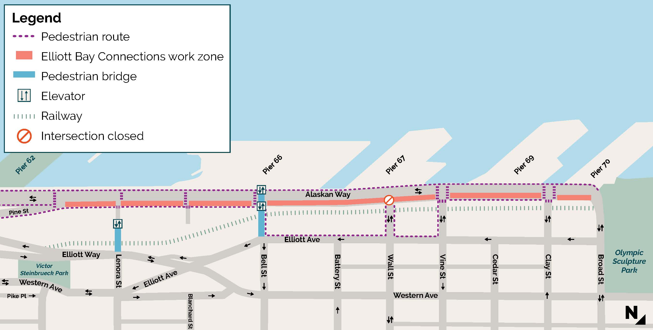 A map showing Greenway Trail Construction work zones, bridges, elevators and railways.
