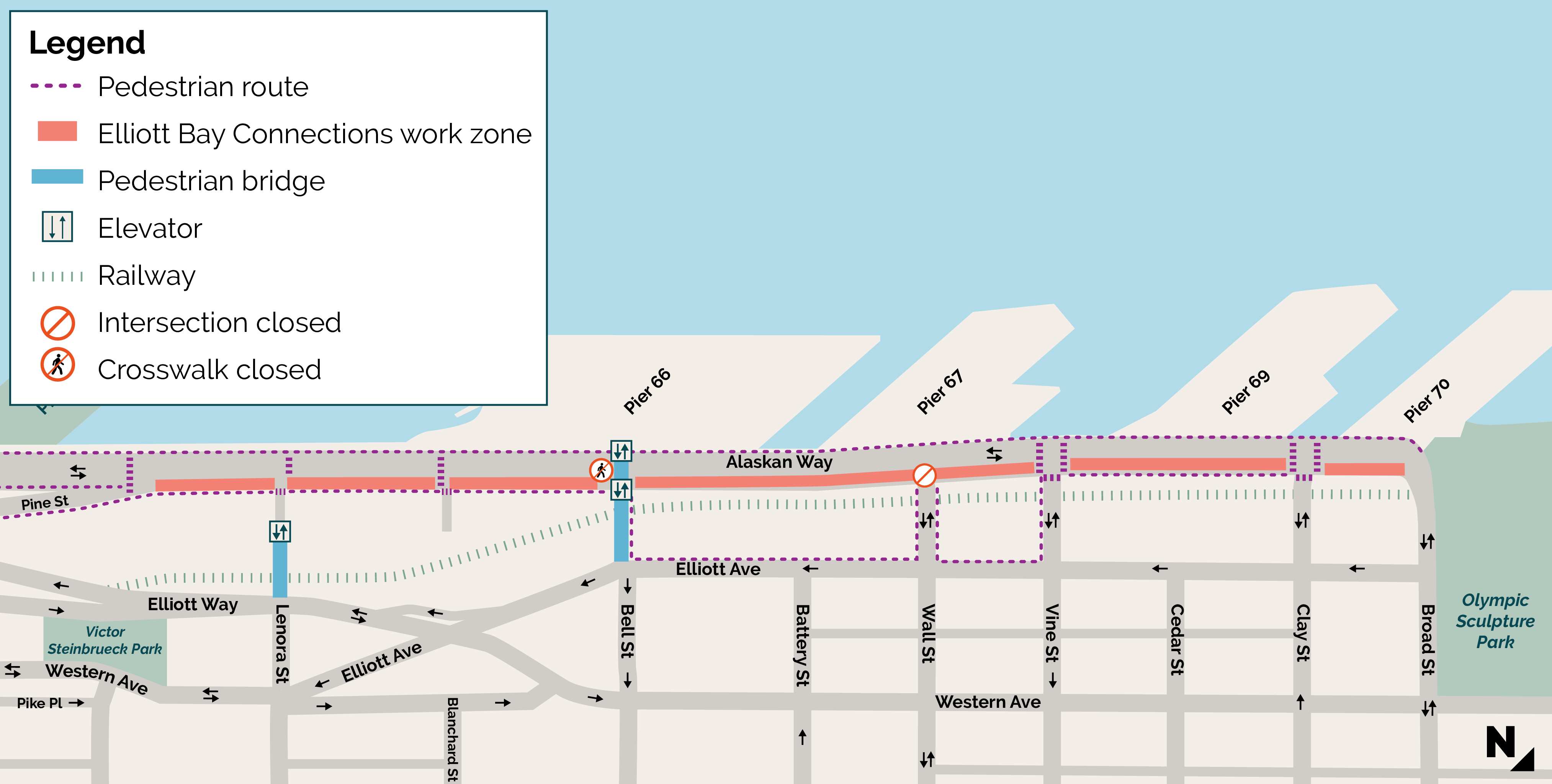 A map showing Greenway Trail Construction work zones, bridges, elevators and railways.