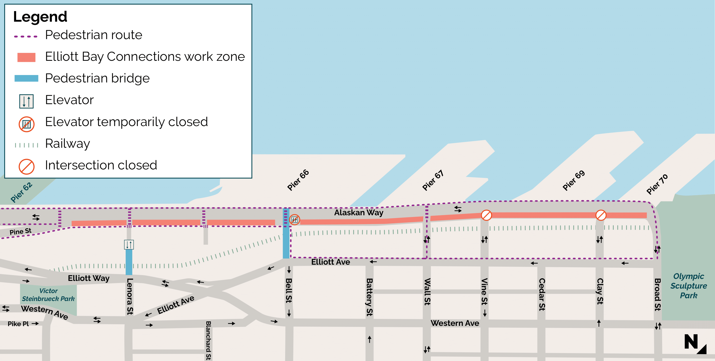 A map showing Greenway Trail Construction work zones, bridges, elevators and railways.