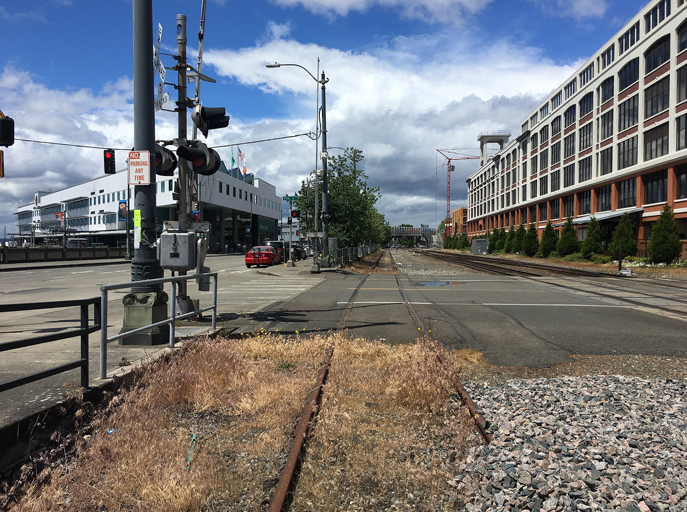 A photo of the existing greenway trail that has old, exposed train tracks, patchy pavement and some sections of gravel and grass.