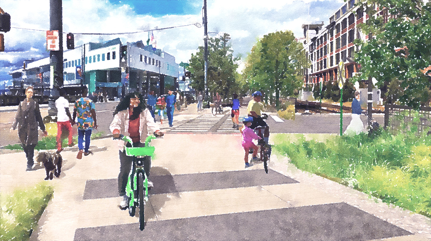 Artist rendering of the greenway trail with a wide paved path and many people biking and walking. 