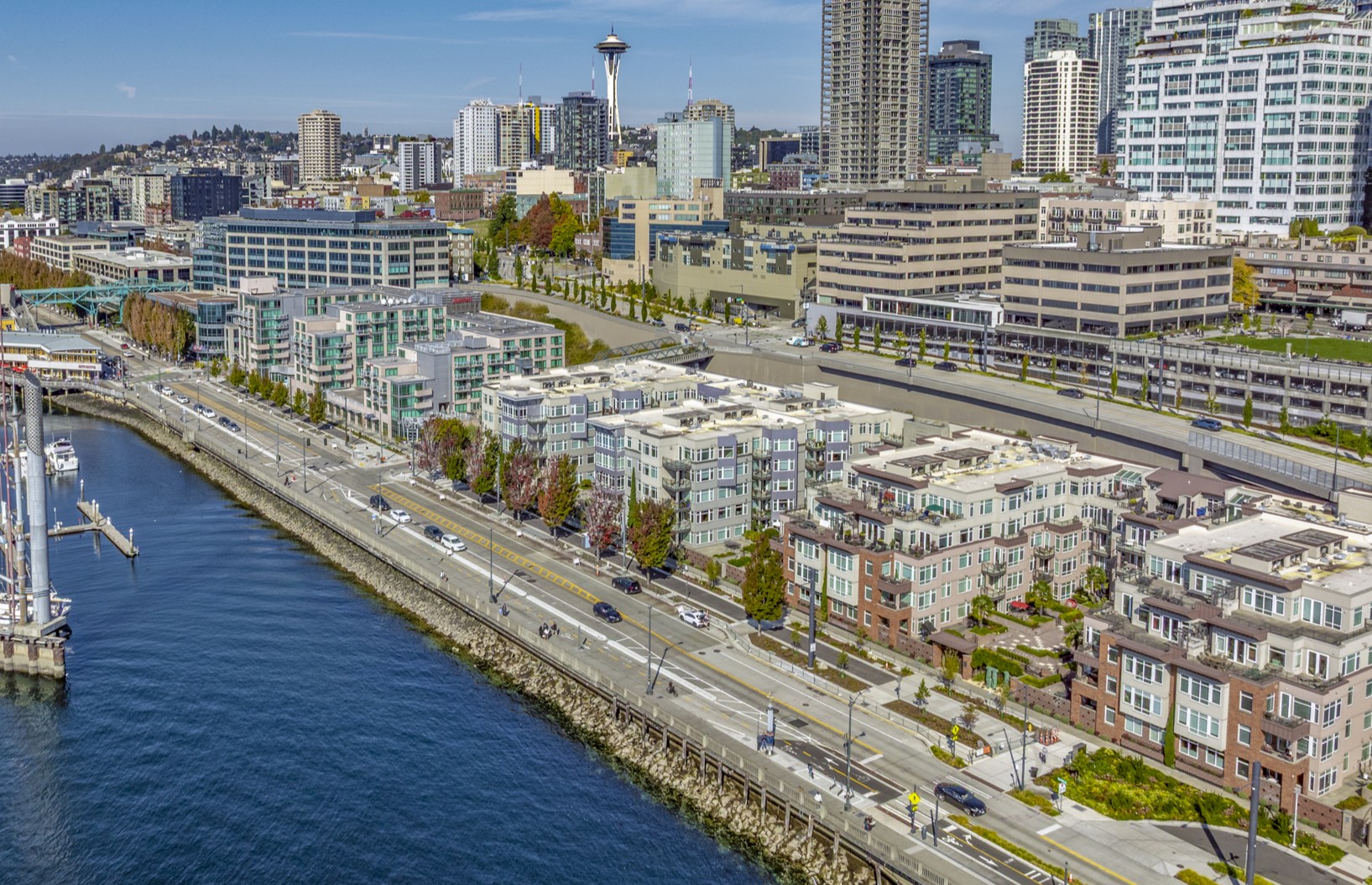 Aerial view of the greenway trail work zone on the east side of Alaskan Way between Virginia St and Broad St.
