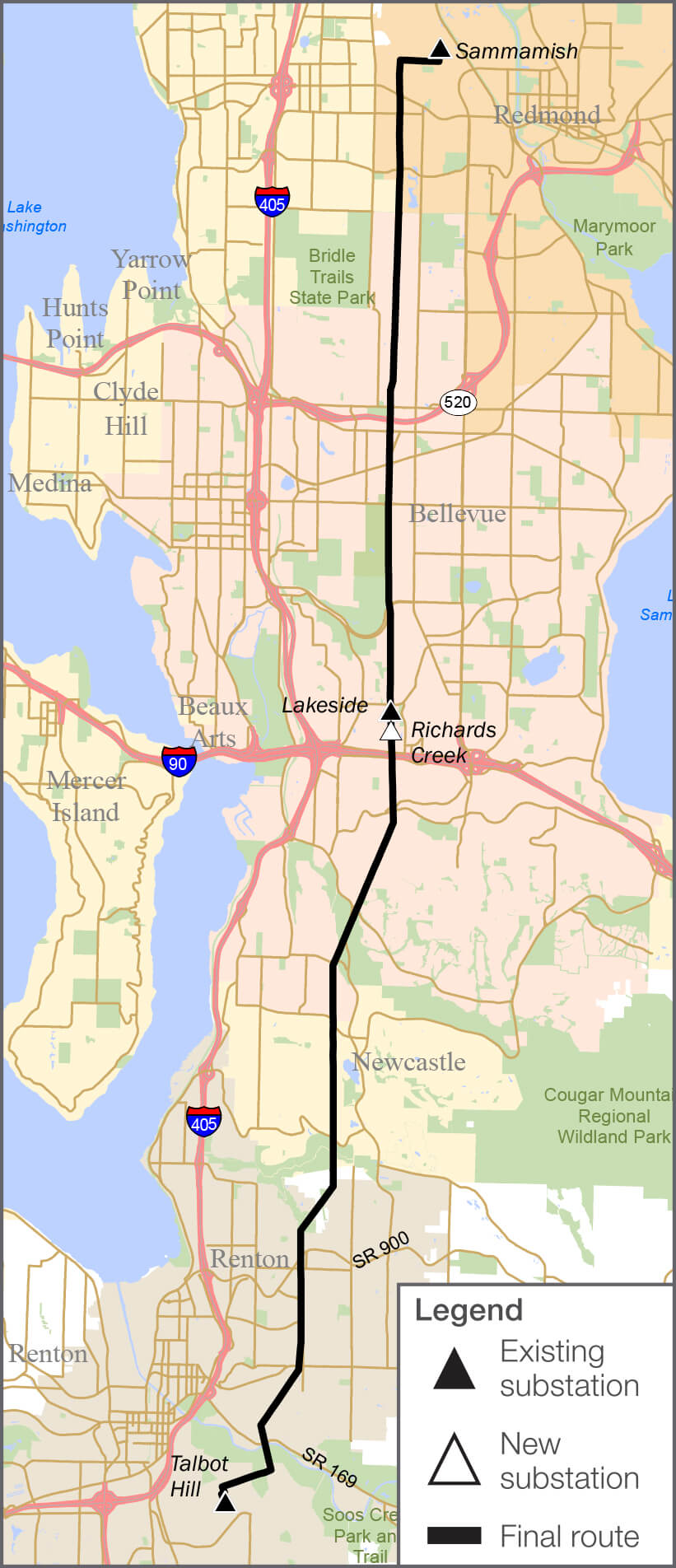 A map showing the extent of the project route, beginning in Renton to the south and ending in Redmond after passing through Newcastle, south Bellevue, and north Bellevue. There are three existing substations indicated on the map, including: Talbot Hill in Renton, Lakeside in south Bellevue, and Sammamish in Redmond. One new substation is indicated on the map – the Richards Creek substation, which is located just south of the existing Lakeside substation.