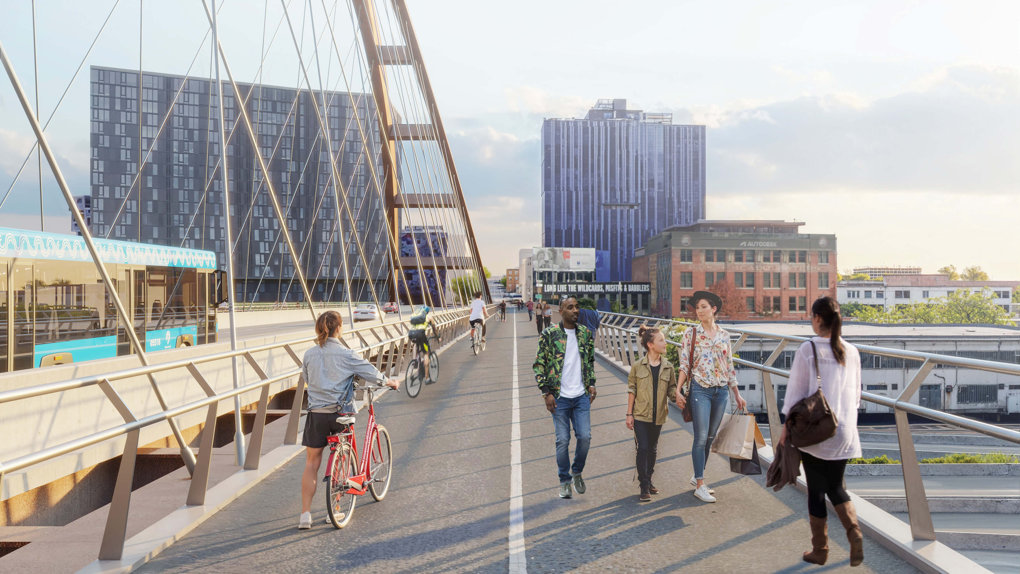 Comparison of pedestrian and bicycle sections: Shows the long option of the Braced Basket-Handle Arch.  View is from the pedestrian and bicycle section of the bridge, looking east.