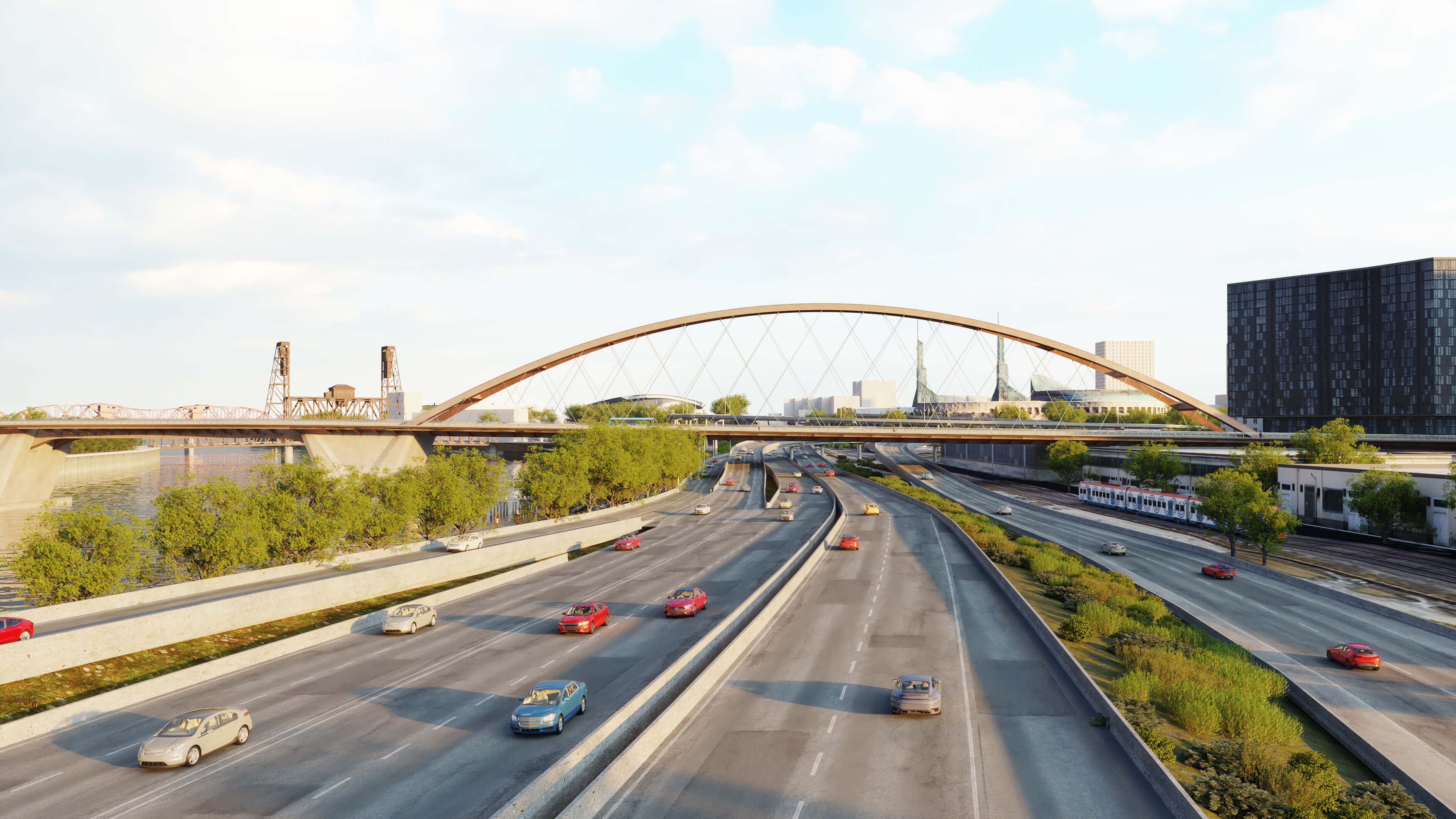 Comparison from I-5 view: Shows the long option of the Braced Basket-Handle Arch. View is from the I-5, looking north.