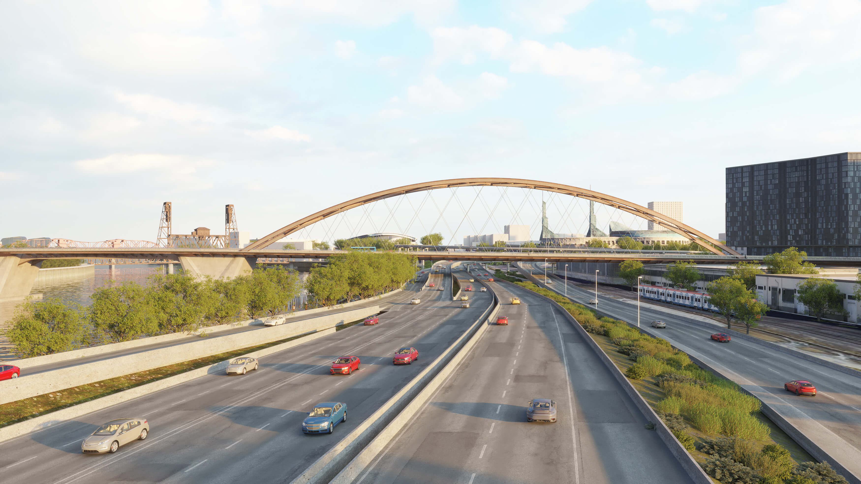 Comparison from I-5 view: Shows the long option of the Braced Braced Vertical Arch. View is from the I-5, looking north.