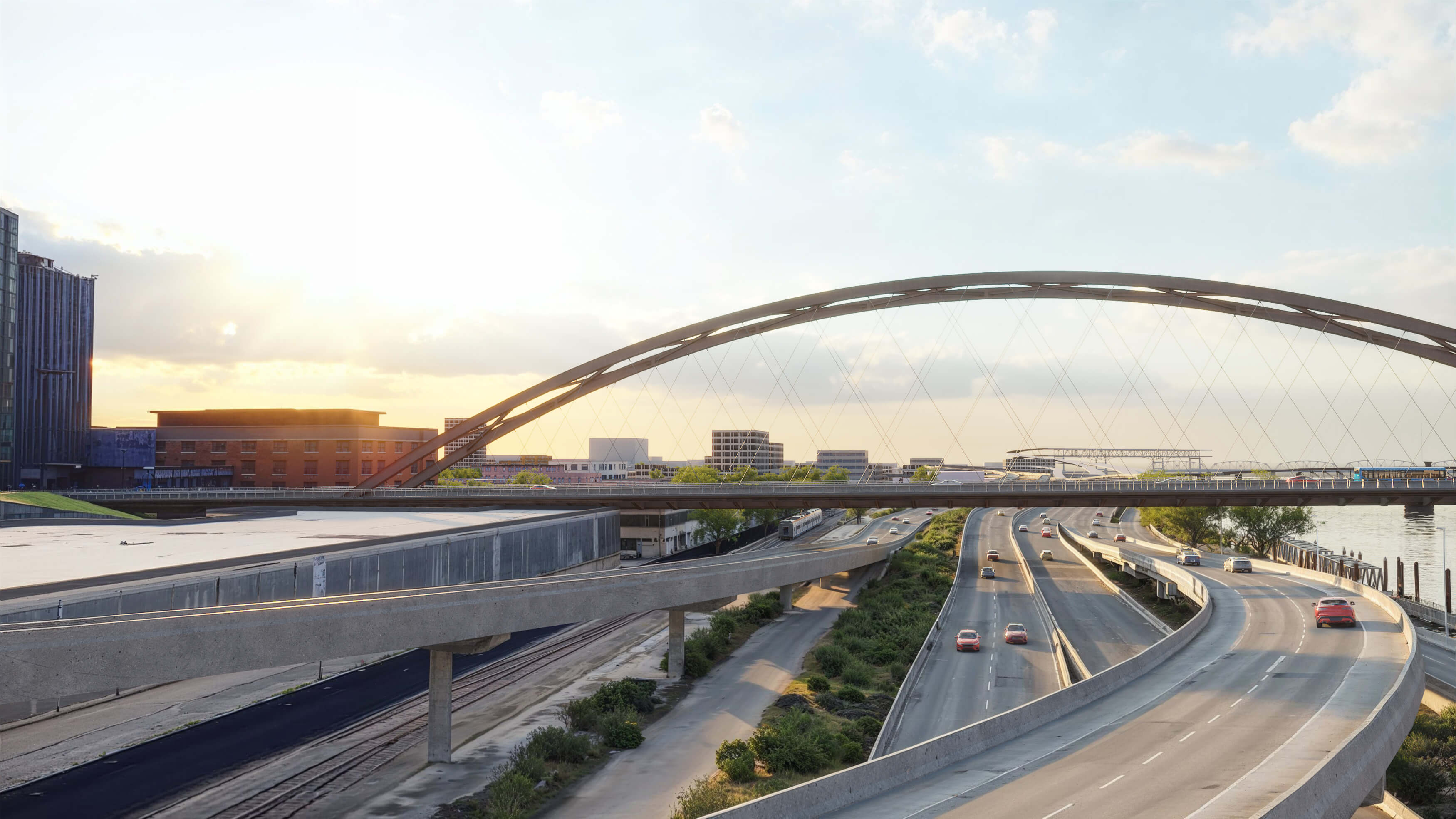Bridge placement comparison (south view): Shows the arch straddling the I-5 corridor.
