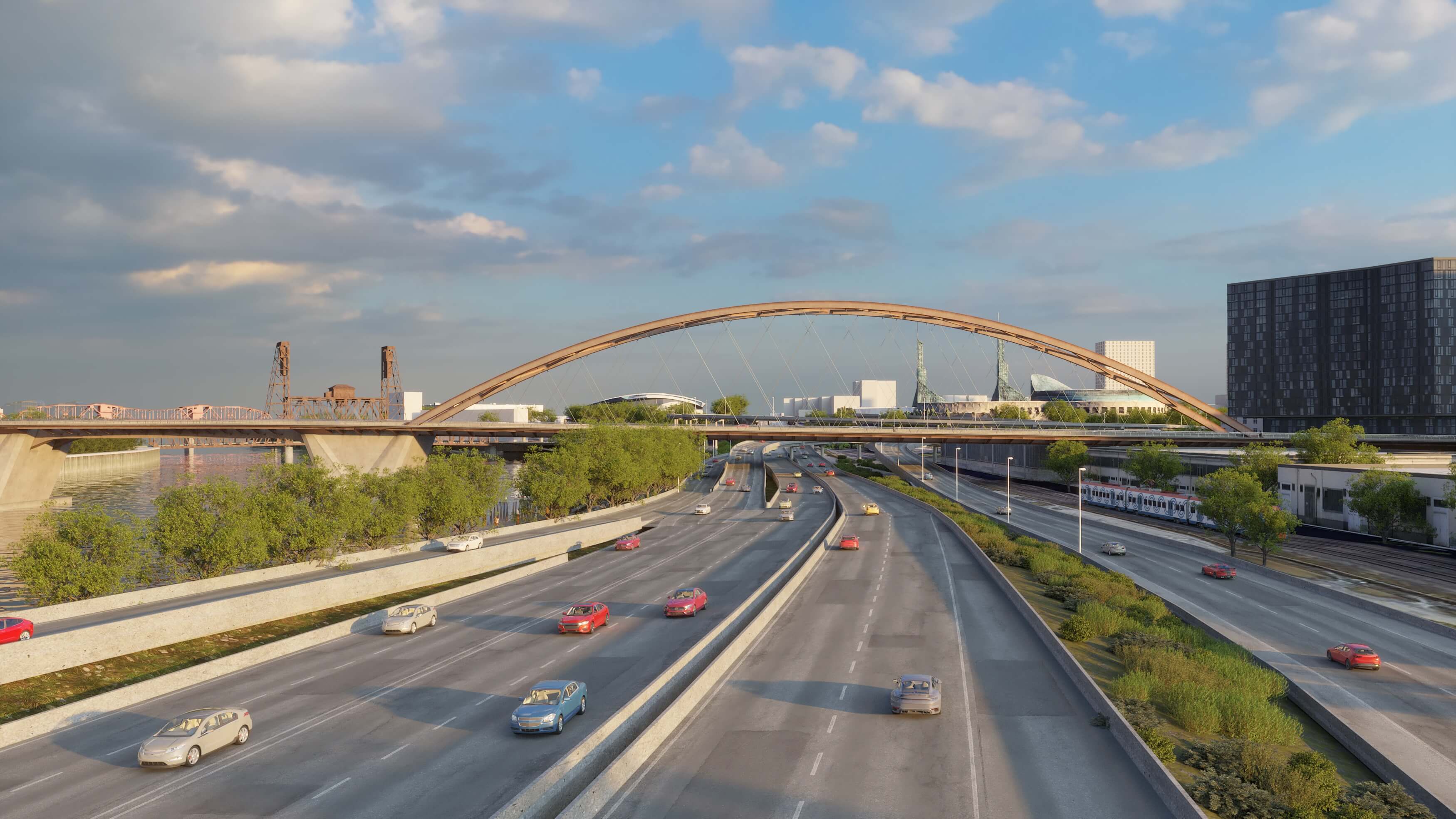 Bridge placement comparison (north view): Shows the arch straddling the I-5 corridor. 