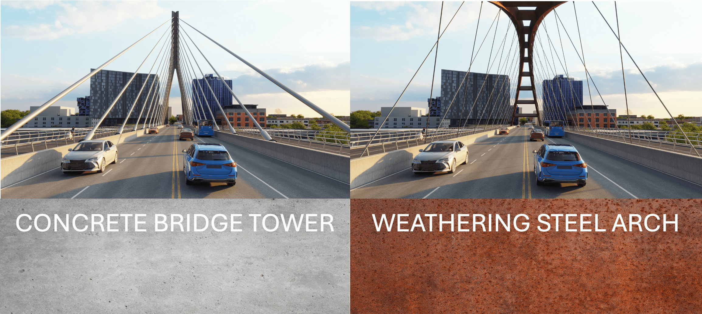 Two images of the bridge types next to each other, The image on the left shows the inverted-Y Cable Stay tower and shows a block of concrete below it that reads 'concrete bridge tower'. The right photo is of the basket handle arch and below it is a picture of red steel that reads 'weathering steel arch'.