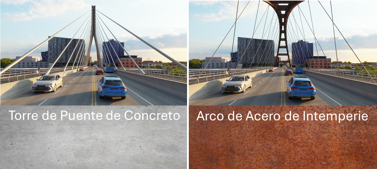 Two images of the bridge types next to each other, The image on the left shows the inverted-Y Cable Stay tower and shows a block of concrete below it that reads 'concrete bridge tower'. The right photo is of the basket handle arch and below it is a picture of red steel that reads 'weathering steel arch'.