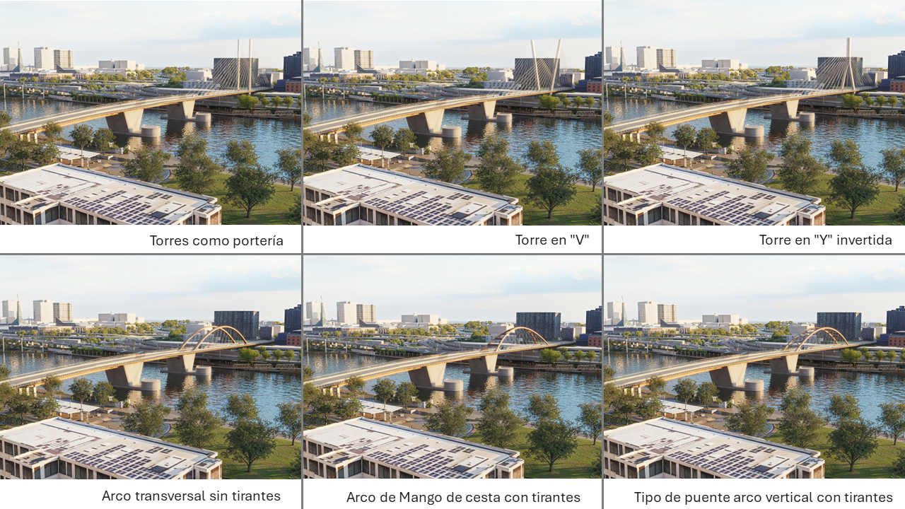 Collage of six images of the different bridge sub options – 3 cable stay and 3 tied arch  