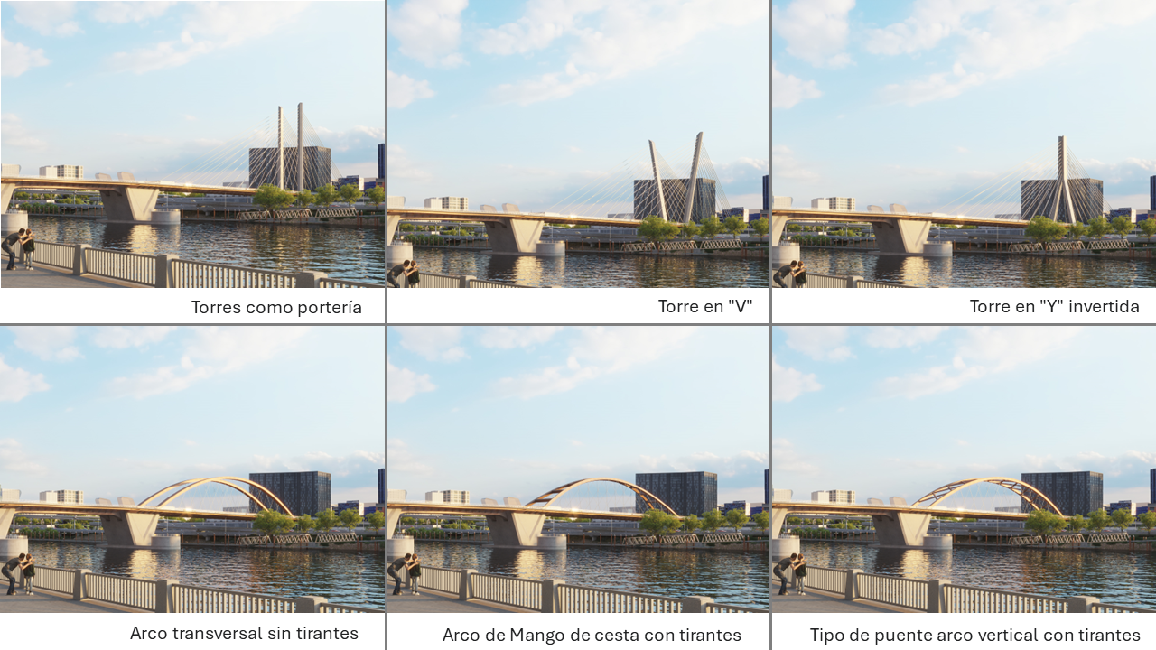 Collage of six images of the different bridge sub options – 3 cable stay and 3 tied arch  