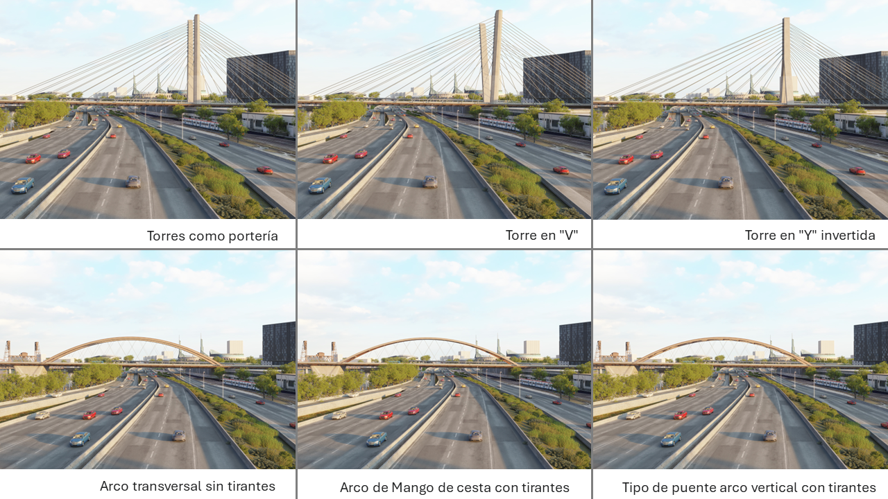 Collage of six images of the different bridge sub options – 3 cable stay and 3 tied arch  