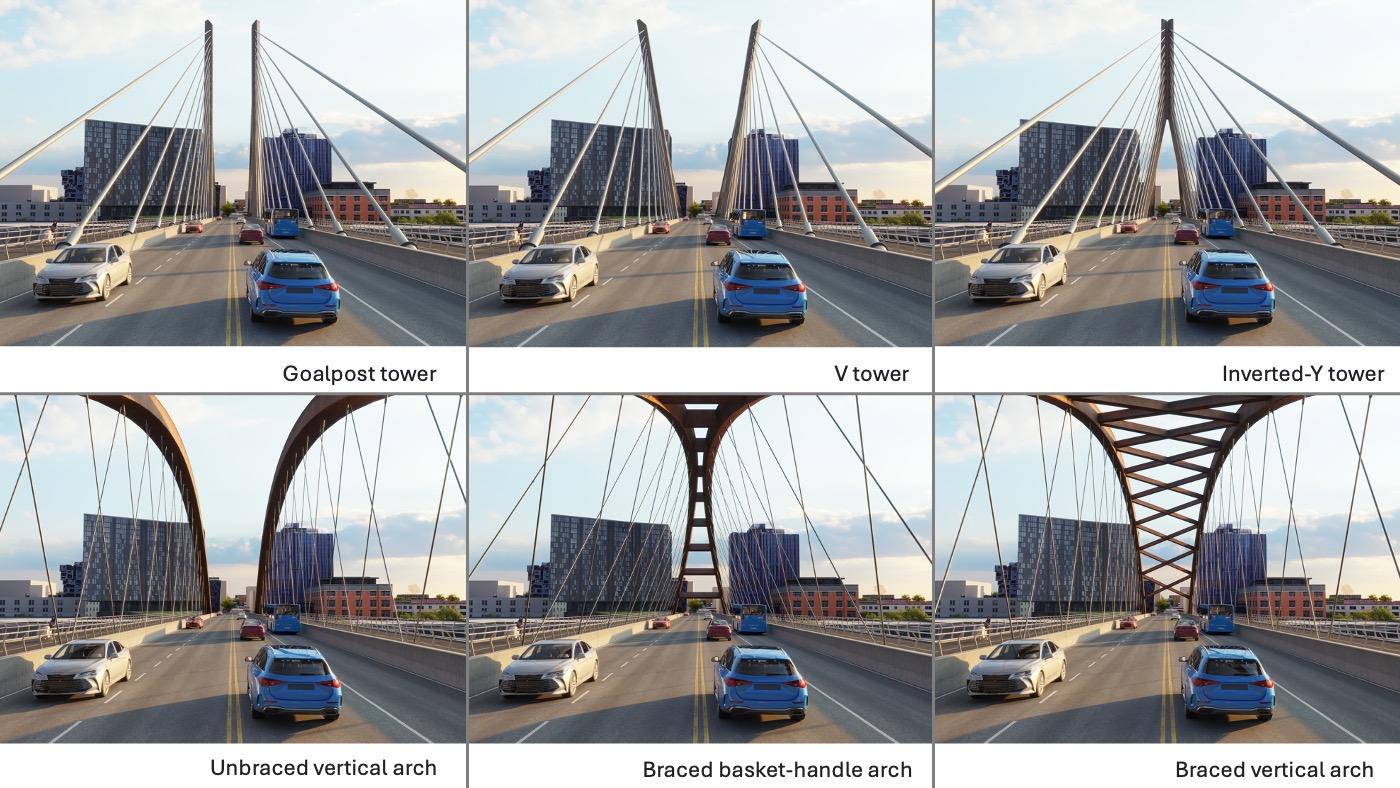 Collage of six images of the different bridge sub options – 3 cable stay and 3 tied arch.