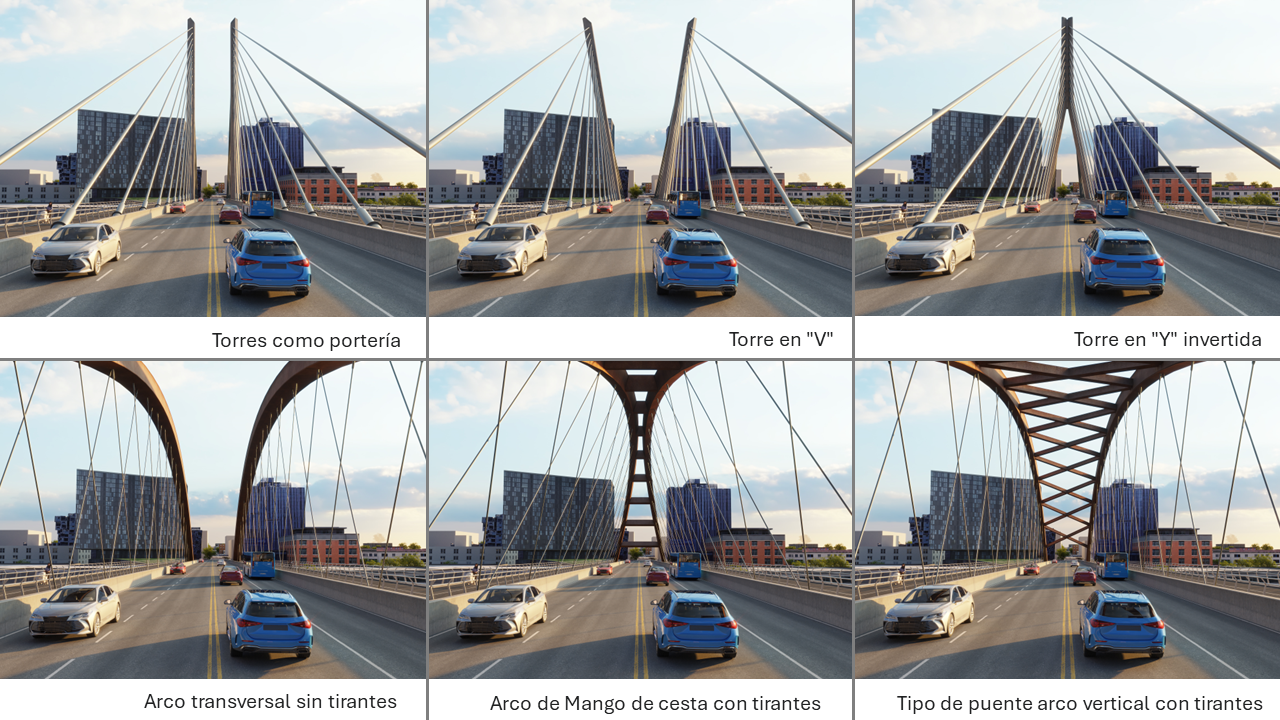 Collage of six images of the different bridge sub options – 3 cable stay and 3 tied arch  