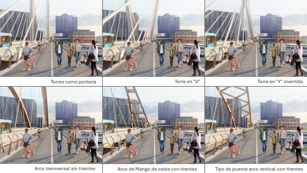 Collage of six images of the different bridge sub options – 3 cable stay and 3 tied arch  