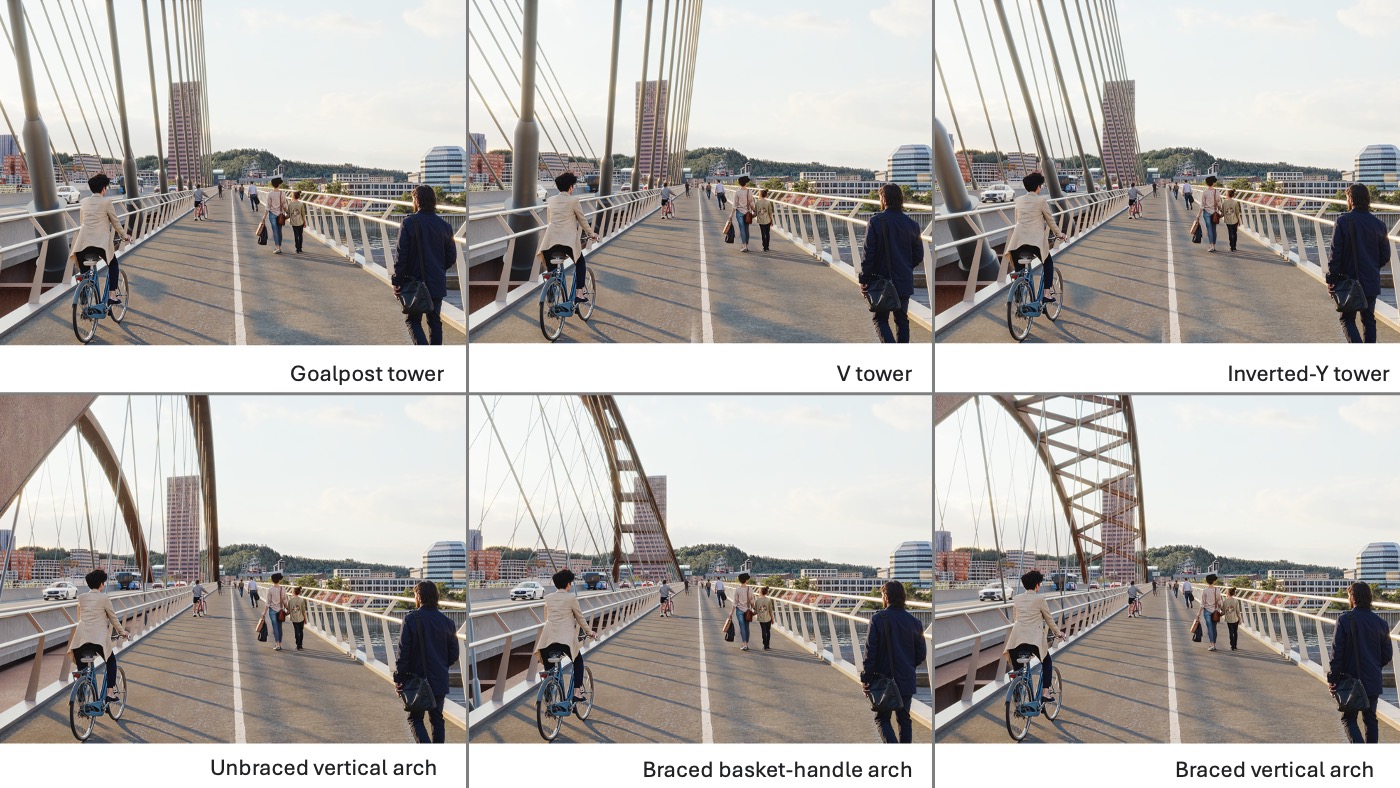 Collage of six images of the different bridge sub options – 3 cable stay and 3 tied arch.