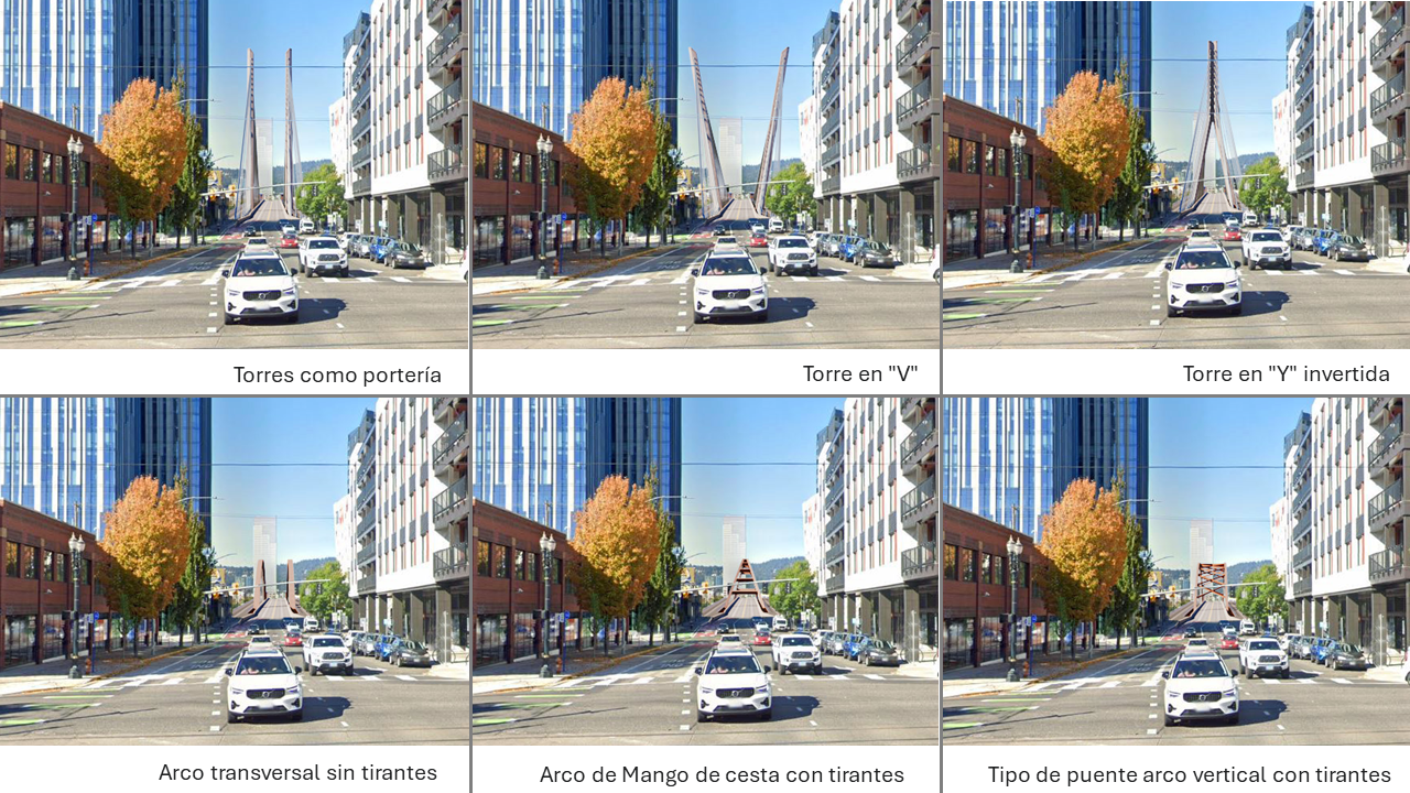 Collage of six images of the different bridge sub options – 3 cable stay and 3 tied arch  