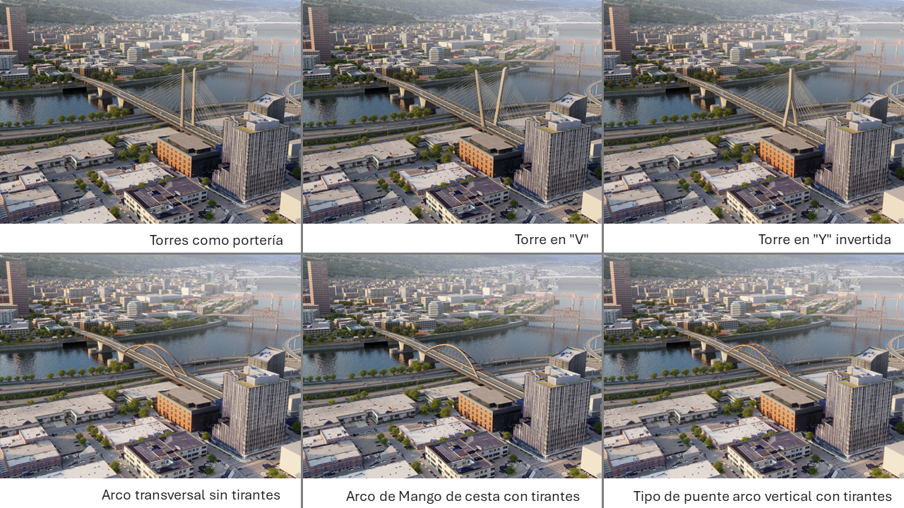 Collage of six images of the different bridge sub options – 3 cable stay and 3 tied arch  