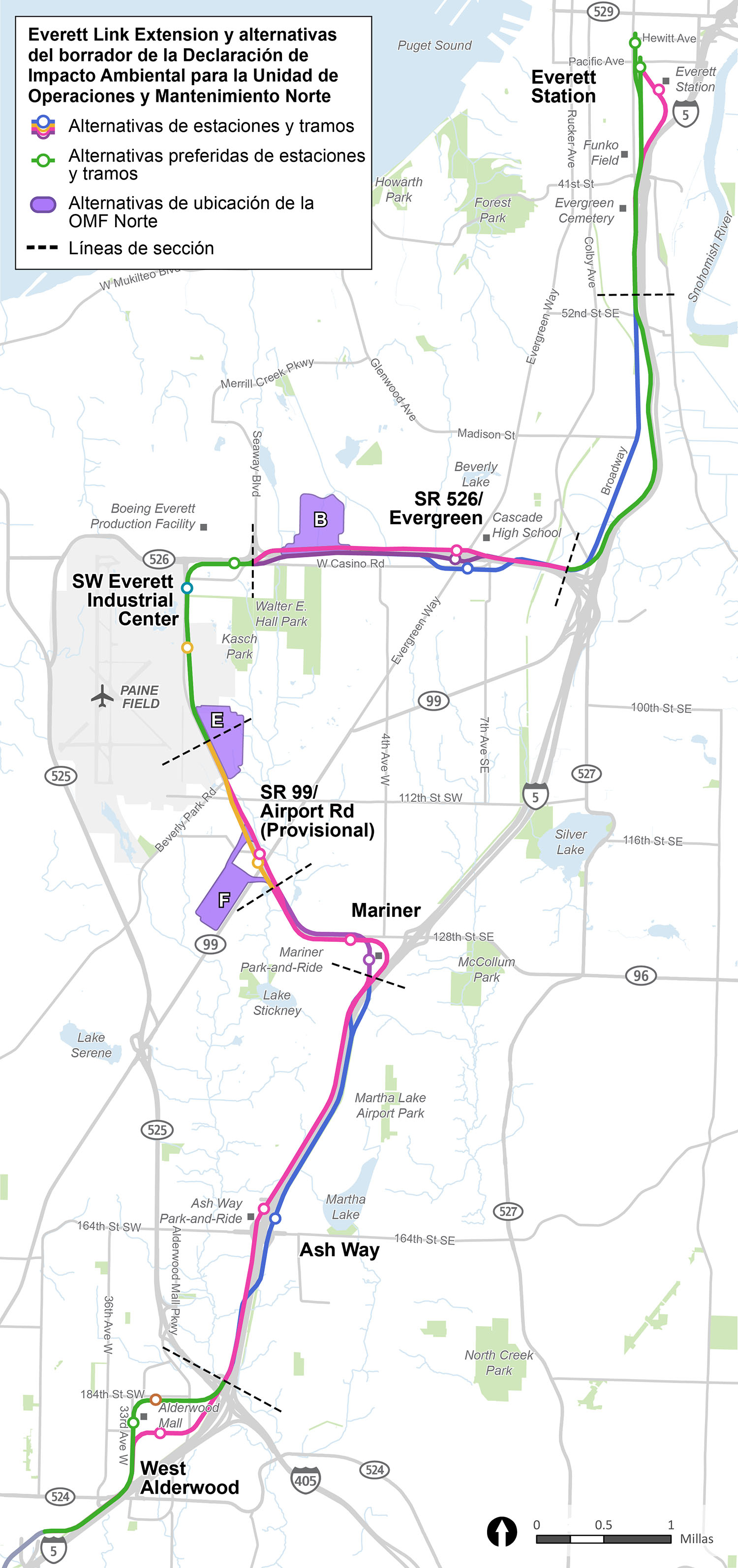 Partes de la ruta propuesta del proyecto de la Everett Link Extension que tienen una alternativa preferida seleccionada, y partes que aún no tienen una alternativa preferida. El segmento West Alderwood, el segmento Southwest Everett Industrial Center, el segmento Broadway-Interstate 5 y el segmento Everett Station tienen alternativas preferidas, mientras que Ash Way, Mariner, Airport Roady Evergreen todavía no tienen alternativas preferidas. La ruta propuesta es paralela a la Interstate 5 y continúa hacia el norte desde la estación Lynnwood City Center en una ruta elevada, con una estación en West Alderwood. La ruta continúa hasta la siguiente estación ubicada en el estacionamiento para vehículos de pasajeros de Ash Way. La ruta va hacia el norte en vías que están a nivel de la superficie con la carretera, cambiando a una ruta elevada nuevamente a medida que el tren ingresa al área de la Mariner Station. Saliendo de la Mariner Station, la ruta continúa en dirección noroeste, con una estación no financiada ubicada en la State Route 99 y Airport Road. La ruta continúa hacia el noroeste hasta una estación cerca de la State Route 526, conocida como el Southwest Everett Industrial Center. Luego, la ruta va hacia el este y entra en la siguiente estación en la State Route 526 y Evergreen Way. De aquí, la ruta va hacia el norte, paralela a la Interstate 5. La estación final está cerca de la actual central de transporte Everett Station en el centro de Everett. Las tres ubicaciones potenciales para una futura Unidad de Operaciones y Mantenimiento (OMF) están resaltadas en color púrpura, y los límites de cada segmento del área de la estación están indicados por líneas punteadas. La ubicación B, propuesta para la OMF, se encuentra al norte de West Casino Road y al este de Seaway Boulevard. La ubicación E, propuesta para la OMF, se encuentra justo al norte de la intersección de Beverly Park Road y 112th Street Southwest y adyacente a Paine Field. La ubicación F, propuesta para la OMF, se encuentra cerca de la Airport Road Station a lo largo de la ruta State Route 99 al sur de 112th Street Southwest.