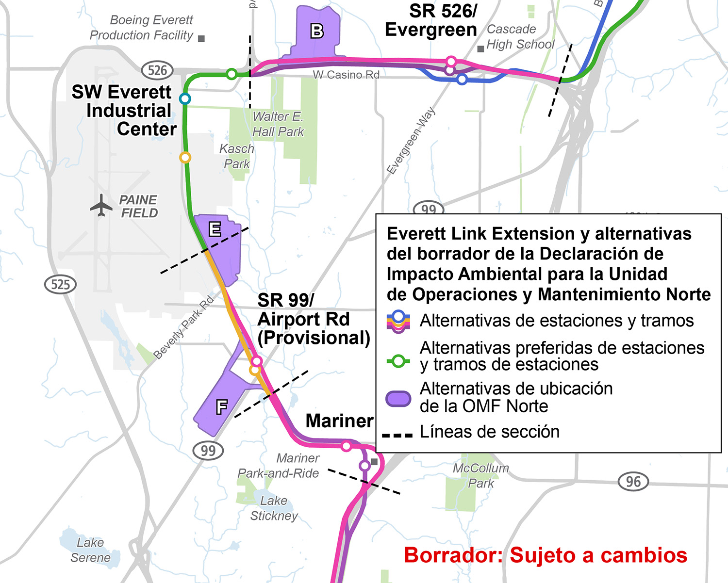 Las tres alternativas de la Unidad de Operaciones y Mantenimiento (OMF), tituladas OMF Site B, OMF Site E, y OMF Site F, se representan con una figura púrpura para ilustrar los aproximadamente 80 acres que requiere la instalación propuesta. La OMF Site B es la alternativa más al norte y está ubicado al norte de la State Route 526 y al sur de Seaway Boulevard entre las estaciones Southwest Everett Industrial Center y Evergreen. La OMF Site E está ubicada al sur del OMF Site B cerca de Paine Field, al este de Airport Road y al sur de 100th Street Southwest. OMF Site F es la alternativa más al sur, ubicada cerca de la estación de Airport Road, al sur de Airport Road y a lo largo de la frontera occidental de Evergreen Way.