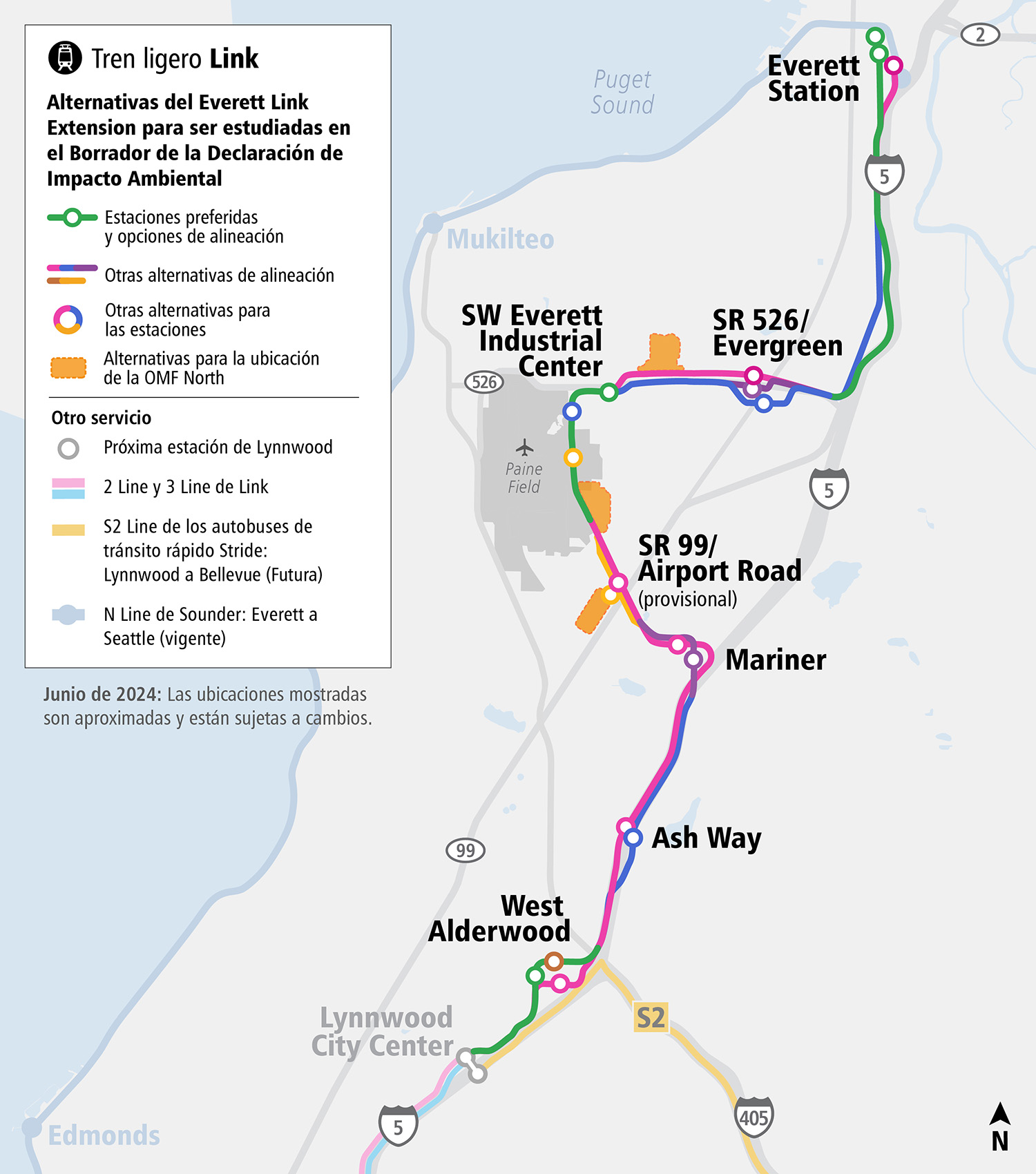 Partes de la ruta propuesta del proyecto de la Everett Link Extension que tienen una alternativa preferida seleccionada, y partes que aún no tienen una alternativa preferida. El segmento de West Alderwood (desde Lynnwood City Center hasta West Alderwood), el segmento de Southwest Everett Industrial Center, el segmento de Broadway-Interstate 5 y el segmento de Everett Station tienen alternativas preferidas, mientras que Ash Way, Mariner, Airport Road y Evergreen aún no tienen alternativas preferidas. Las ubicaciones potenciales para una futura Unidad de Operaciones y Mantenimiento están resaltadas en naranja. La ruta propuesta es paralela a la Interstate 5 y continúa hacia el norte desde la estación Lynnwood City Center hasta West Alderwood. La ruta luego se conecta a la siguiente estación en el estacionamiento para vehículos de pasajeros de Ash Way. La ruta continúa paralela a la Interstate 5 hasta el área de Mariner Station, antes de girar en dirección noroeste, con una estación provisional ubicada en State Route 99 y Airport Road. La ruta continúa hacia el noroeste hasta una estación cerca de la State Route 526, conocida como el Southwest Everett Industrial Center. La ruta luego se mueve hacia el este y entra en la siguiente estación en la State Route 526 y Evergreen Way. Desde aquí, la ruta va hacia el norte, paralela a la Interstate 5. La estación final está cerca de la central de Everett Station, en el centro de Everett.