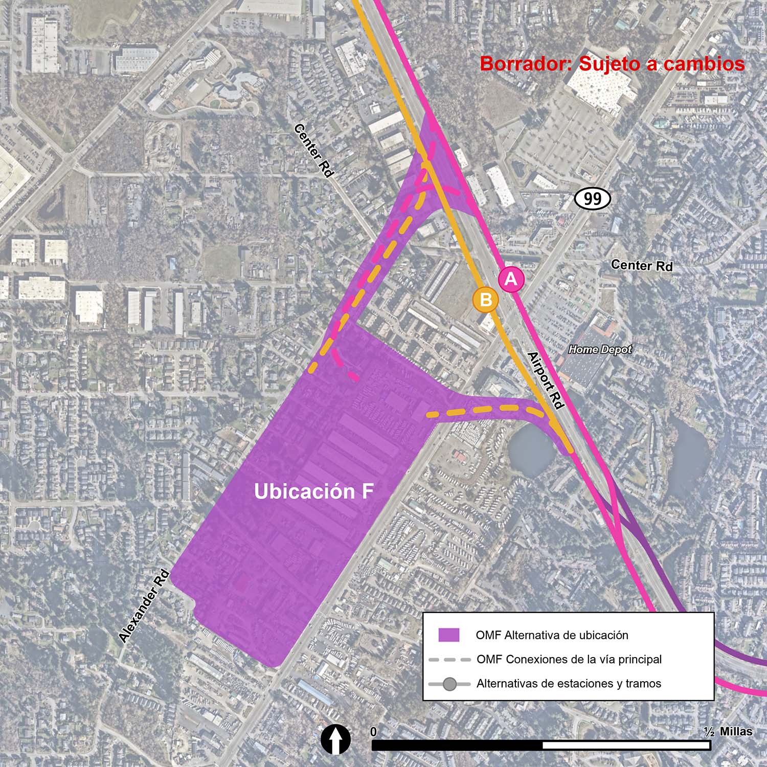 La ubicación de la OMF Site F se ilustra con una figura púrpura. Los límites de la OMF Site F son la State Route 99 al este y Alexander Road al oeste. Las vías/rieles principales, que permiten que los trenes entren y salgan de la OMF Site B, se muestran con líneas punteadas.