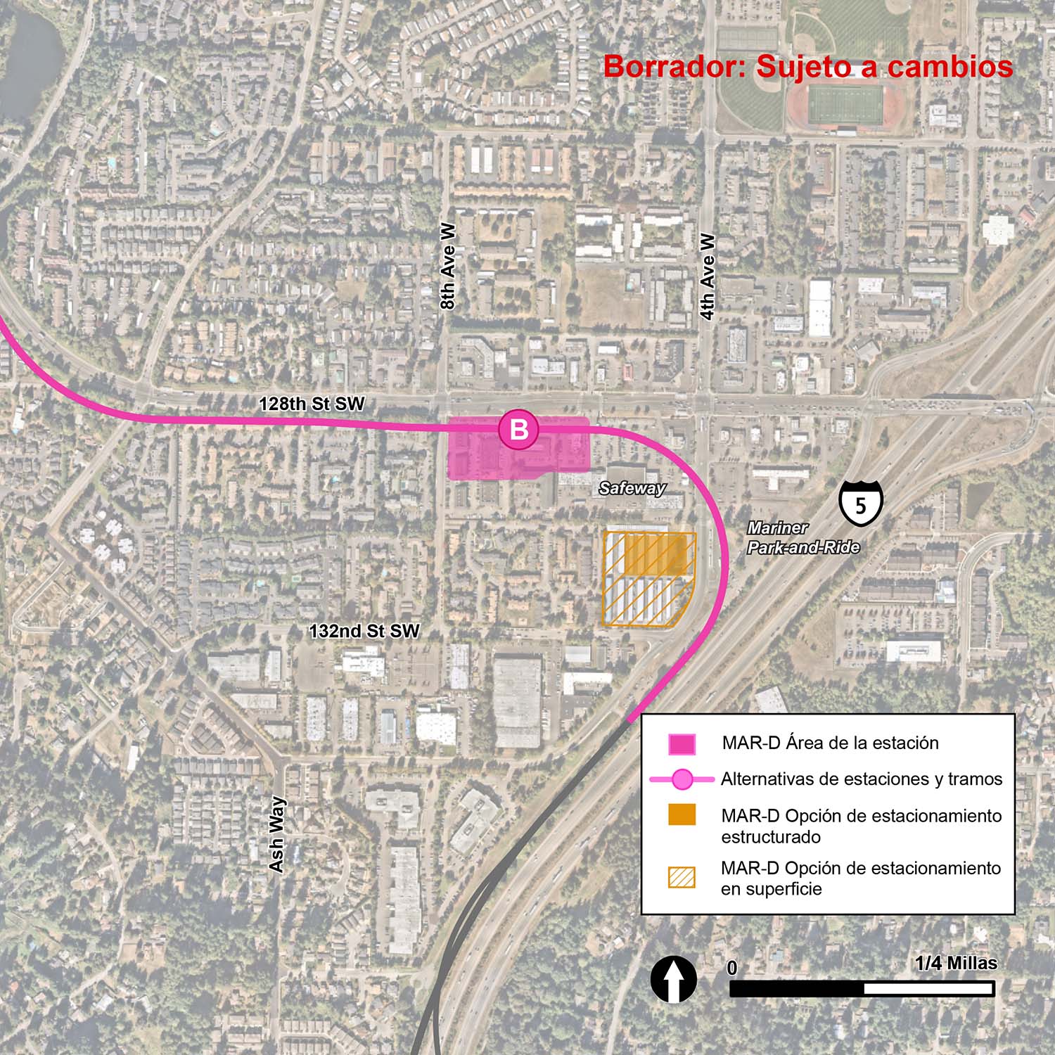 Se indican las instalaciones propuestas para estacionamiento, la estación y la ruta del light rail para la alternativa MAR-B. El estacionamiento MAR-B se muestra en un área cuadrada en color rosa que se extiende desde 4th Ave West hacia el este, 132nd Street SW en el sur y se extiende hacia el norte hasta el área que colinda con el Safeway. Una estructura de estacionamiento en la esquina noreste del área marcada en color rosa, mientras que el resto de las instalaciones de estacionamiento en superficie se indican con rayas rosas. La alternativa de ruta MAR-2 se muestra en rosa, esta corre en una ruta elevada a lo largo de 4th Avenue West, antes de girar a la izquierda en el extremo sur de 128th Avenue Southwest. La alternativa a la estación MAR-B se muestra a lo largo de la ruta, ruta de 128th Street Southwest y este de 8th Avenue West.