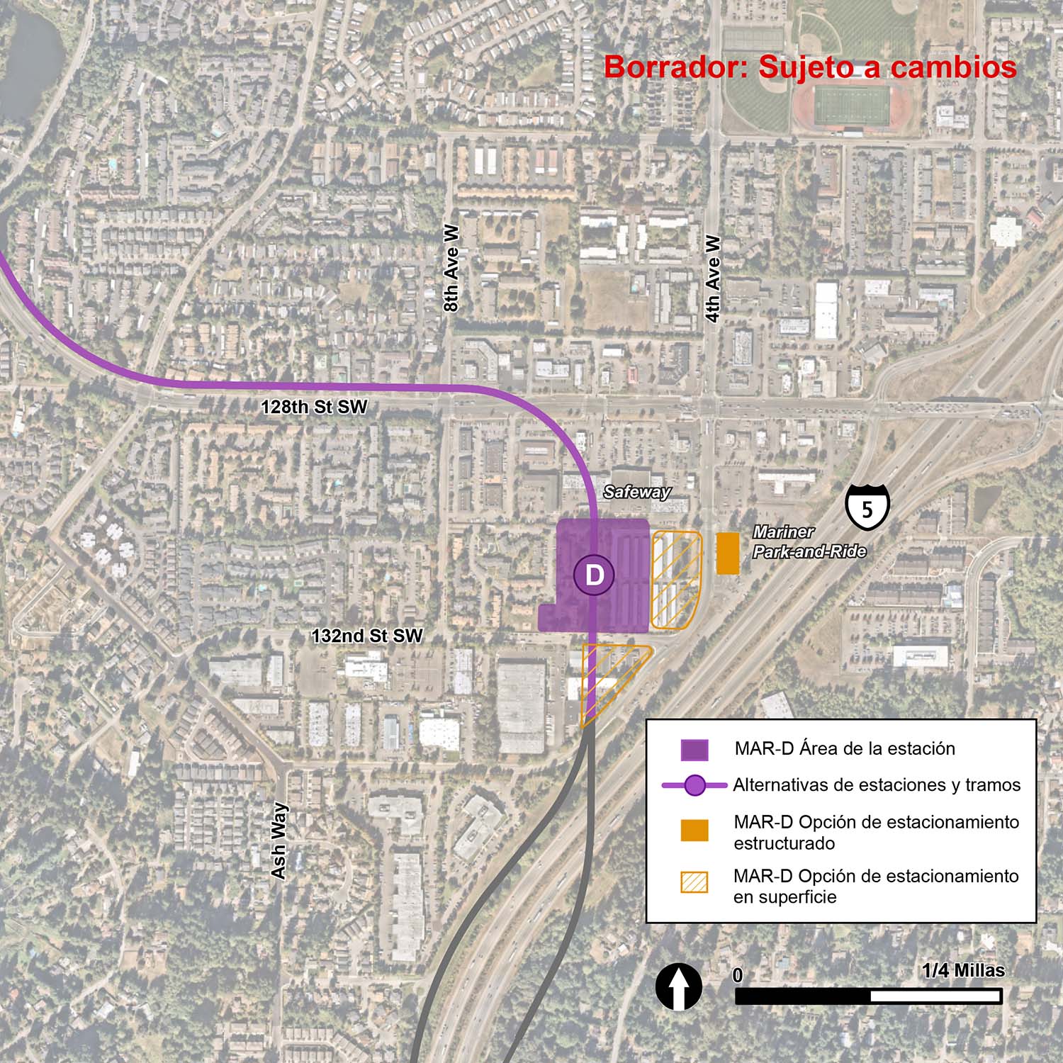 Las instalaciones de estacionamiento propuestas, la estación y la ruta para la alternativa MAR-D se muestran en morado. El estacionamiento MAR-D se muestra en dos áreas triangulares que se extienden a lo largo del lado oeste de 4th Avenue West. Las áreas triangulares están divididas por 132nd Street Southwest y están coloreadas con rayas moradas para mostrar que son estacionamientos de superficie. También hay estacionamiento estructurado planeado en el lado este de 4th Avenue West, cerca de la Interstate 5. La alternativa de estación MAR-D se muestra en un área al norte de 132nd Street Southwest, entre las áreas de estacionamiento de superficie. La alternativa de ruta MAR-2 se muestra como una ruta elevada a medida que se extiende hacia el norte en un área entre 4th Avenue West y 8th Avenue West, antes de girar hacia el oeste hacia el lado norte de 128th Street Southwest.