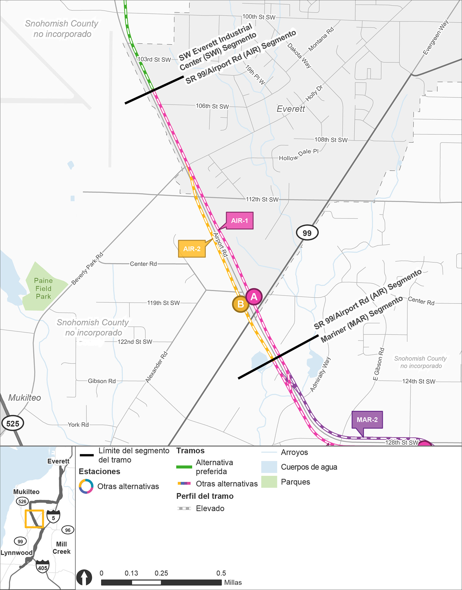 El segmento State Route 99/Airport Road se extiende desde el segmento Mariner en el sur hasta el segmento Southwest Everett Industrial Center en el norte. La alternativa de ruta AIR-1 y la alternativa de estación AIR-A se muestran en rosa, mientras que la alternativa de ruta AIR-2 y la alternativa de estación AIR-B se muestran en amarillo. La alternativa de ruta AIR-1 corre a lo largo del lado norte de Airport Road en una ruta elevada antes de acercarse a la alternativa de estación elevada AIR-A en la intersección noroeste con State Route 99, y luego la ruta elevada continúa a lo largo del lado norte de Airport Road. La alternativa de ruta AIR-2 corre a lo largo del lado sur de Airport Road en una ruta elevada antes de acercarse a la alternativa de estación elevada AIR-B en la intersección suroeste con State Route 99, y luego la ruta elevada continúa a lo largo del lado sur de Airport Road, antes de cruzar al lado norte de Airport Road cerca de Holly Drive en una ruta elevada.