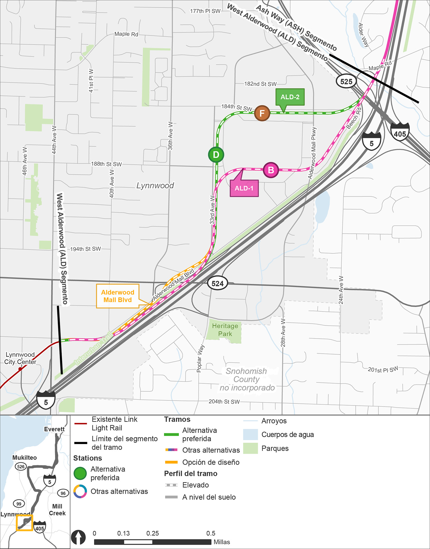 El segmento de West Alderwood es elevado y se extiende desde Lynnwood City Center hasta justo al norte del cruce de la Interstate 5 / Interstate 405 /State Route 525, donde comienza el segmento de Ash Way. Las opciones de rutas y estaciones se distinguen utilizando diferentes colores, en donde el verde indica la alternativa preferida. La alternativa de ruta preferida está etiquetada como ALD-2 y comienza en el sur junto a el Interstate 5, antes de girar a la izquierda en 33rd Avenue West a lo largo del lado oeste de Alderwood Mall, y finalmente girar a la derecha a lo largo de 184th Street Southwest por todo el lado norte de Alderwood Mall hasta que se encuentra nuevamente con el Interstate 5 (I-5). La ruta alternativa ALD-1 se muestra en rosa y sigue la misma ruta que ALD-2 hasta la esquina suroeste de Alderwood Mall, donde gira a la derecha siguiendo la 188th Street Southwest, y luego girar a la izquierda en Beech Road. La opción para Alderwood Mall Boulevard está marcada y resaltada en amarillo. Comienza donde comienza el segmento de West Alderwood y sigue a lo largo de la Interstate 5, con una pequeña desviación hacia el norte cerca del cruce de la State Route 524. Las alternativas de estación ALD-D (la alternativa preferida) y ALD-F se encuentran a lo largo de ALD-2. La alternativa de estación ALD-B se encuentra a lo largo de ALD-1.