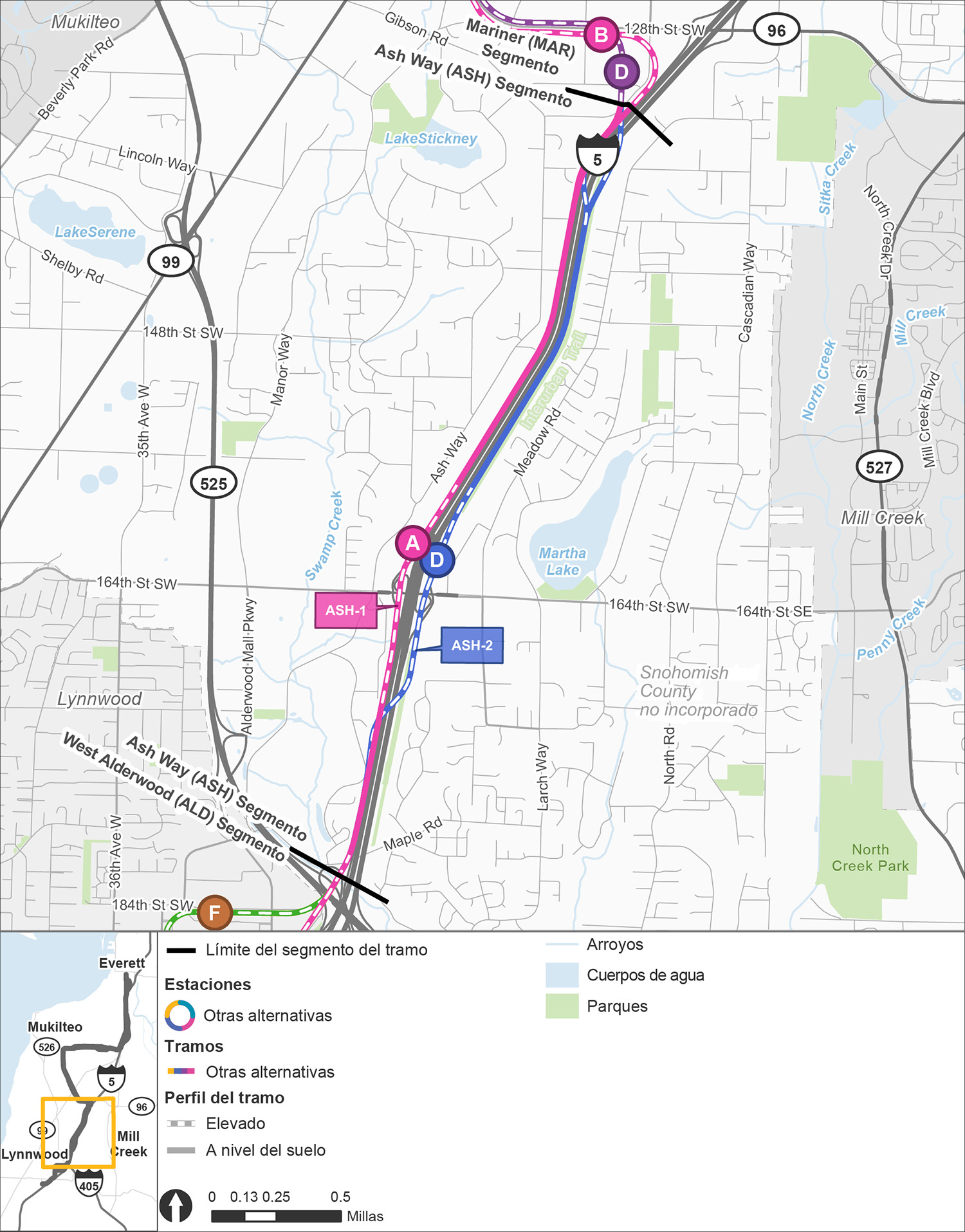 El segmento de Ash Way se extiende desde West Alderwood al sur hasta Mariner en el norte. Hay dos opciones de ruta y estación indicadas en dos colores diferentes; con la alternativa de ruta ASH-1 y la alternativa de estación ASH-A ambas mostradas en rosa, y la alternativa de ruta ASH-2 y la alternativa de estación ASH-D ambas mostradas en azul. La alternativa de ruta ASH-1, en color rosa, corre a lo largo del lado oeste de la Interstate 5, principalmente a nivel de la calle, excepto cuando se convierte en una ruta elevada cerca de la alternativa de estación elevada ASH-A, que se encuentra cerca del estacionamiento para vehículos de pasajeros Ash Way . La alternativa de ruta ASH-2, en azul, comienza a nivel de la calle a lo largo del lado oeste de la Interstate 5, antes de cruzar la Interstate 5 con una ruta elevada al sur de la 164th Street Southwest. La alternativa de estación elevada ASH-D se encuentra justo al norte de la 164th Street Southwest. La alternativa de ruta ASH-2, en azul, continúa hacia el norte más allá de la alternativa de la estación ASH-D en una ruta elevada antes de regresar al nivel de la calle cerca del norte de la estación, y la ruta continúa antes de cruzar de regreso al lado oeste de la Interstate 5 a medida que se acerca al segmento Mariner.