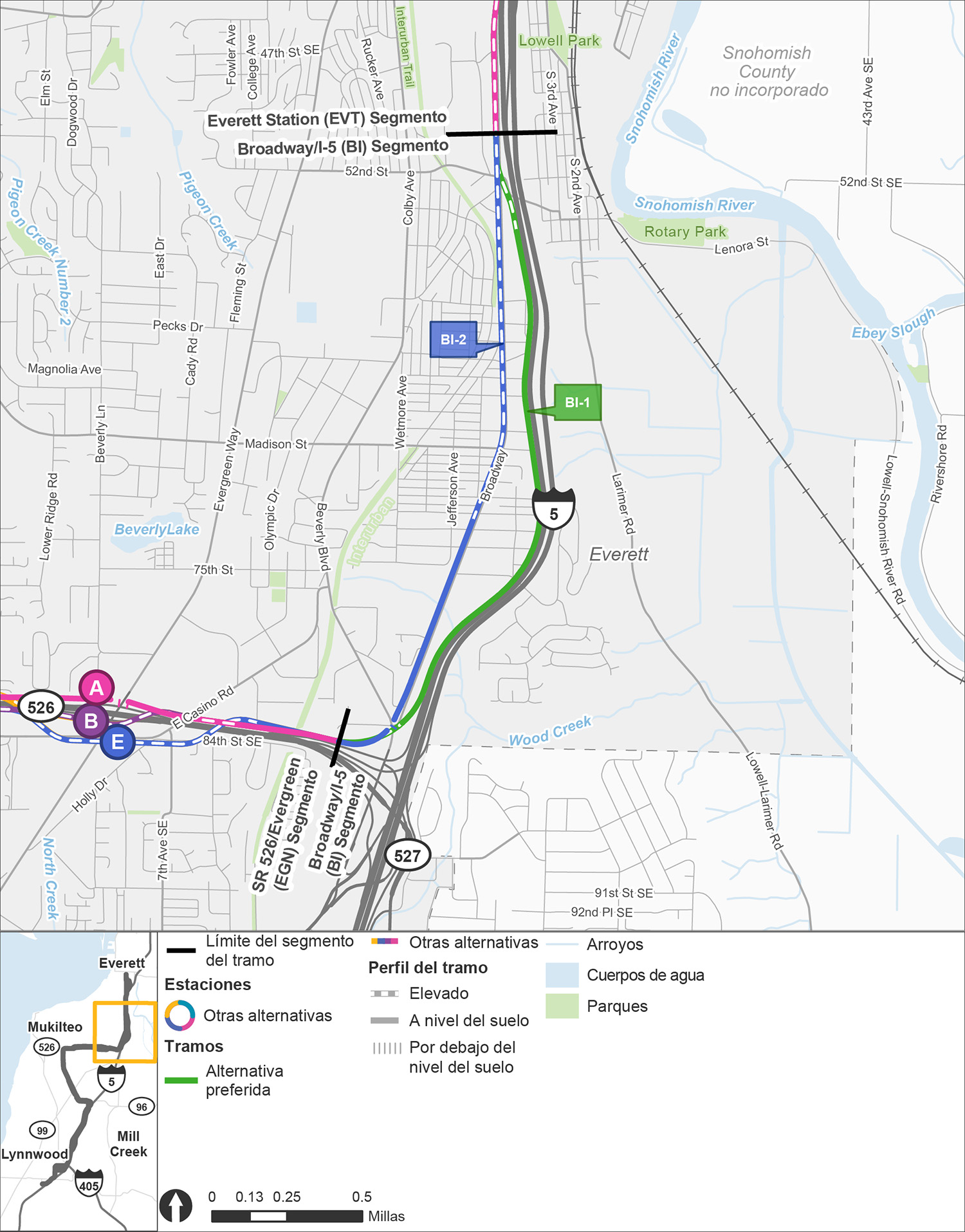 El segmento Broadway-Interstate 5 se extiende desde el segmento Evergreen en el sur hasta el segmento Everett Station en el norte. Este segmento no incluye ninguna alternativa de estación, pero presenta dos alternativas de ruta mostradas en diferentes colores, con la ruta BI-1 mostrada en verde y la ruta BI-2 mostrada en azul. El color verde indica que es la alternativa preferida. La alternativa de ruta BI-1 corre a lo largo del lado oeste de la Interstate 5 para todo el segmento y está principalmente a nivel de la calle, excepto por el extremo norte del segmento donde la ruta se convierte en una ruta elevada. La ruta alternativa BI-2 se extiende hacia el norte hasta Broadway, comenzando a nivel de la calle antes de convertirse en una ruta elevada cerca de la intersección de la 73rd Street Southwest, y continúa como una ruta elevada a medida que se acerca al centro de Everett.