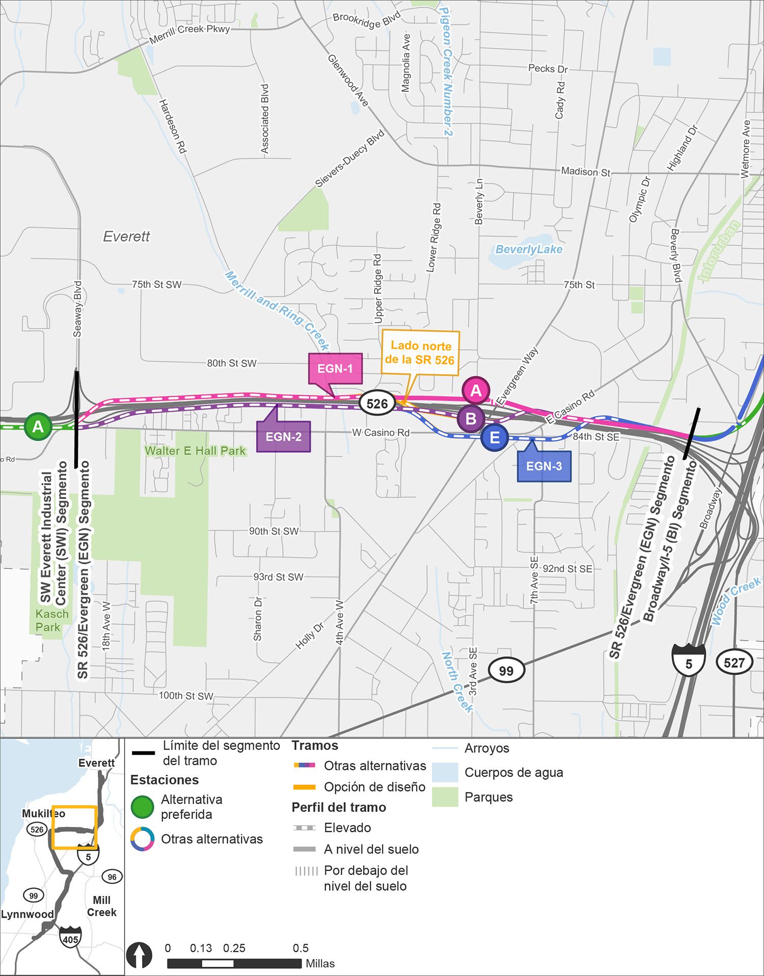 El segmento State Route 526 / Evergreen Way se extiende desde el segmento Southwest Everett Industrial Center en el oeste hasta el segmento Broadway-Interstate 5 en el este. Las alternativas de ruta y estación se muestran en diferentes colores, con la alternativa de ruta EGN-1 y la alternativa de estación EGN-A mostradas en rosa, la alternativa de ruta EGN-2 y la alternativa de estación EGN-B mostradas en morado, y la alternativa de ruta EGN-3 y la alternativa de estación EGN-E mostradas en azul. La alternativa de ruta EGN-1 comienza con una ruta elevada y corre a lo largo del lado norte de la State Route 526 antes de convertirse en una ruta a nivel de calle a medida que se acerca a la alternativa de estación EGN-A, que se encuentra en la esquina noroeste de la intersección con Evergreen Way, antes de continuar hacia el este hacia la Interstate 5. La alternativa de ruta EGN-2 comienza brevemente en una ruta elevada en el lado sur de la State Routel 526 antes de convertirse en una ruta a nivel de calle a lo largo de Casino Road, antes de regresar a una ruta elevada a medida que se acerca a la alternativa de estación EGN-B ubicada en la intersección suroeste con Evergreen Way. Una vez que la ruta pasa la estación elevada, la ruta cruza hacia el lado norte de la State Route 526. La alternativa de ruta EGN-3 toma el mismo camino a nivel de calle que la ruta EGN-2 en el lado sur de la State Route 526, antes de girar hacia el sureste en una ruta elevada para que pueda correr brevemente a lo largo de Casino Road y llegar a la alternativa de estación EGN-E, que se encuentra en la intersección este de Casino Road y Evergreen Way. La ruta elevada continúa más allá de la estación EGN-E una distancia breve sobre la Casino Road antes de girar hacia el norte de nuevo en la State Route 526 a lo largo del lado norte de la carretera.