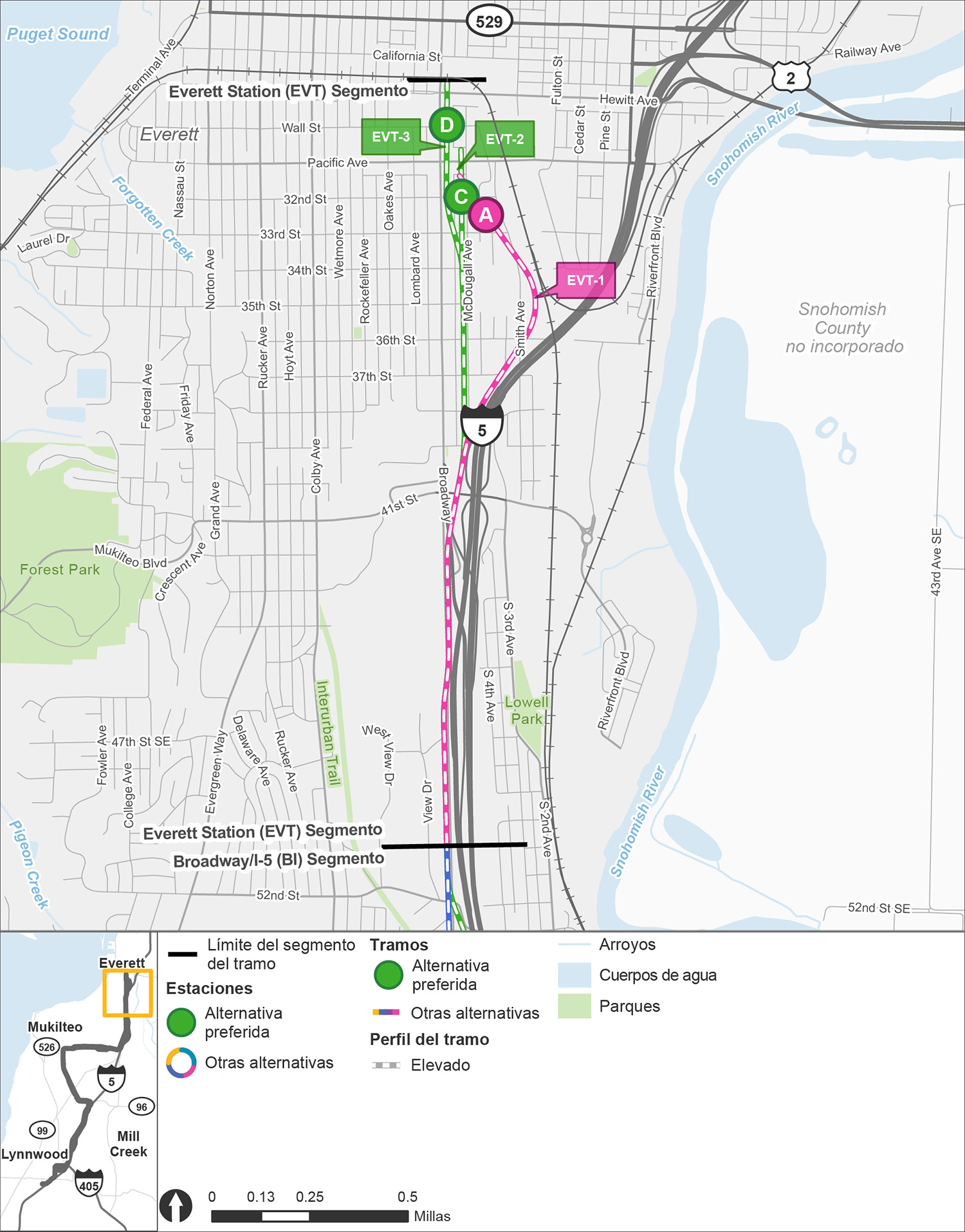 El segmento de la estación Everett Station se extiende desde el segmento Broadway-Interstate 5 en el sur hasta el final de la línea en el norte. Las rutas y estaciones se muestran en diferentes colores, con la alternativa de ruta EVT-1 y la alternativa de estación EVT-A mostradas en rosa, y las alternativas de ruta EVT-2 y EVT-3 mostradas en verde, así como las alternativas de estación EVT-C y EVT-D. El color verde indica que estas son las alternativas preferidas. Todas las alternativas de ruta comienzan en la misma ruta elevada a lo largo del lado oeste de la Interstate 5, antes de que la ruta EVT-1 se separa de las otras alternativas de ruta para continuar a lo largo de la autopista, antes de girar hacia el noroeste por las vías del tren Amtrak antes de acercarse a la alternativa elevada de la estación EVT-A, que se encuentra al oeste de la central de transporte Everett Station. Las alternativas de ruta EVT-2 y EVT-3 comienzan de la misma manera que la alternativa de ruta EVT-1, pero se interrumpe cuando se desvía de Broadway a McDougall Avenue y continúa hacia el norte en una ruta elevada a medida que la ruta se acerca al centro de Everett. La alternativa de ruta EVT-2 permanece en McDougall Avenue mientras continúa hacia el norte antes de llegar a la estación elevada EVT-C, ubicada justo al sur de Pacific Avenue antes de que el final de la línea esté justo al norte de Pacific Avenue. La alternativa de ruta EVT-3 se separa de la alternativa de ruta EVT-2 a medida que se desvía de McDougall Avenue hacia Broadway cerca de 33rd Street, antes de continuar en una ruta elevada hacia el norte a medida que se acerca a la alternativa de estación elevada EVT-D, que se encuentra en Wall Street, antes de que el final de la línea esté cerca de Hewitt Avenue.