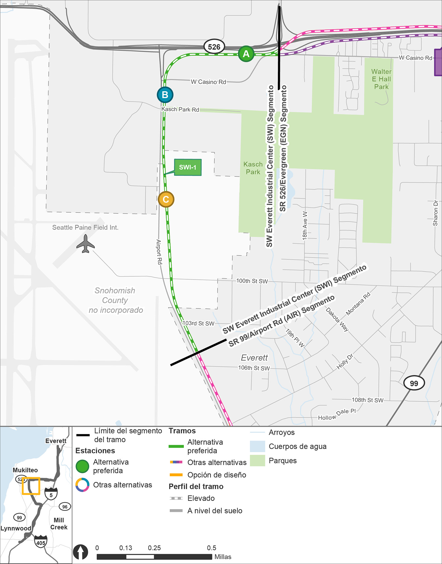 El segmento Southwest Everett Industrial Center se extiende desde el segmento Airport Road en el sur hasta el segmento State Route 526 / Evergreen en el este. La única alternativa de ruta en este segmento, la alternativa de ruta SWI-1, se muestra en verde. Hay tres alternativas de estación ubicadas en esta ruta: SWI-A, SWI-B y SWI-C. La ruta SWI-1 comienza en una ruta elevada en el lado este de Airport Road y continúa en ese lado a medida que se acerca a la alternativa de estación elevada más al sur, la estación SWI-C, que se encuentra más cerca de Paine Field. La ruta continúa al norte de la alternativa de estación SWI-C antes de llegar a la alternativa de estación SWI-B en el lado norte de la intersección con Kasch Park Road. Luego, la ruta continúa hacia el norte antes de girar hacia el este en la intersección de la State Route 526 y continúa a lo largo del lado sur de la State Route 526, antes de acercarse a la alternativa de estación SWI-A, que se encuentra al oeste de la intersección con Seaway Boulevard.