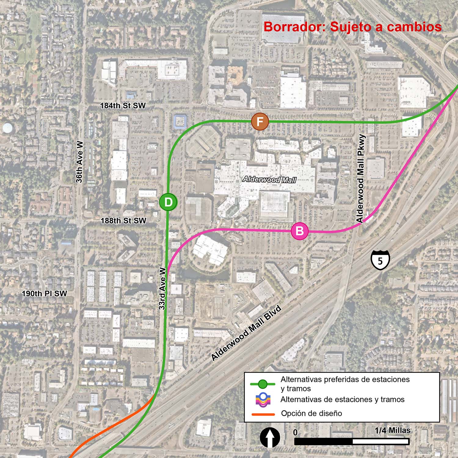 Junto con las alternativas de ruta ALD-1 y ALD-2, hay tres posibles alternativas de estación: ALD-D, ALD-F y ALD-B. La alternativa de estación ALD-D es la estación preferida y se encuentra a lo largo de la alternativa de ruta ALD-2, que corre hacia el norte en 33rd Avenue West. La estación está ubicada al oeste de Alderwood Mall, justo al norte de la intersección de 33rd Avenue West y 188th Street Southwest. La alternativa de estación ALD-F también se encuentra a lo largo de la ruta alternativa ALD-2, pero en el lado sur de 184th Street Southwest y al norte de Alderwood Mall. La alternativa de estación ALD-B se encuentra a lo largo de la ruta alternativa ALD-1 que va hacia el norte cobre la 33rd Avenue West y gira al sur del centro comercial en la 184th Street Southwest. La estación está ubicada cerca de la esquina suroeste de Alderwood Mall.