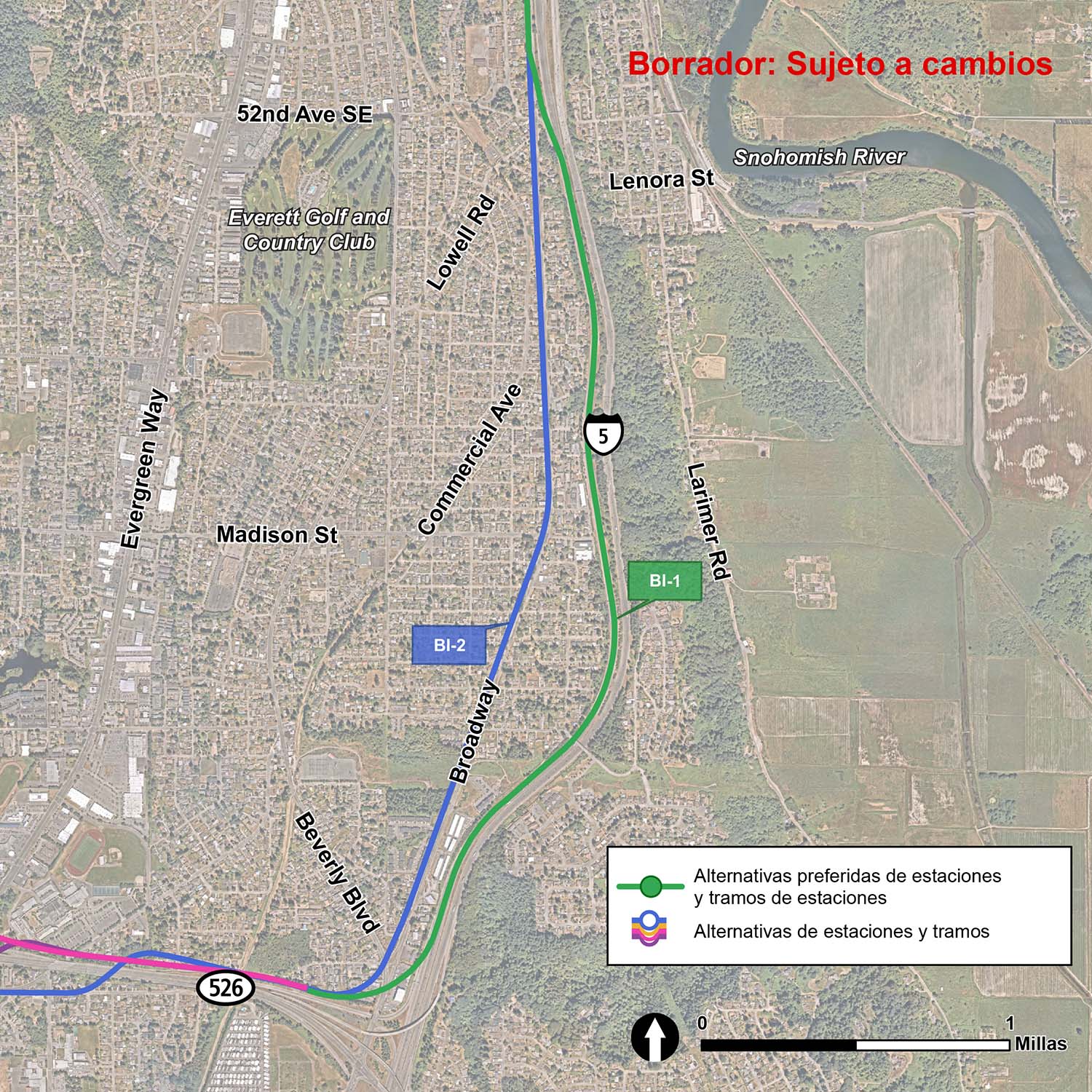 Vista satelital del segmento Broadway-Interstate 5.