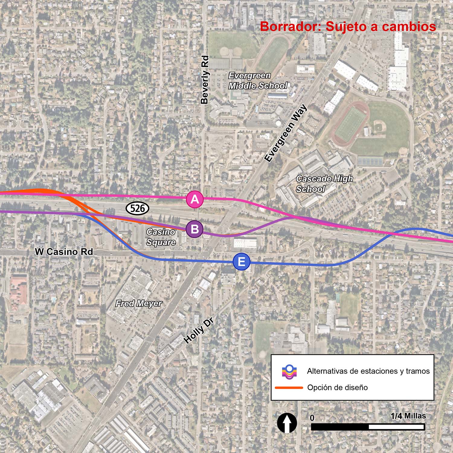 Hay tres alternativas de estación dentro del segmento de la State Route 526/Evergreen Way: EGN-A, EGN-B y EGN-E. La alternativa de estación EGN-A se encuentra a lo largo de la ruta EGN-1, que corre a lo largo del lado norte de la State Route 526 siguiendo la carretera hacia el este. La alternativa a la estación EGN-A se encuentra al oeste de Evergreen Way y la State Route 526 con la estación en el lado norte de la State Route 526. La alternativa de estación EGN-B se encuentra a lo largo de la ruta alternativa EGN-2, que corre a lo largo del lado sur de la State Route 526 siguiendo la carretera hacia el este con la estación ubicada en la esquina noroeste de la intersección de Casino Road y Evergreen Way. La estación EGN-E se encuentra a lo largo de la ruta alternativa EGN-3 en la esquina sureste de la intersección de Casino Road y Evergreen Way.