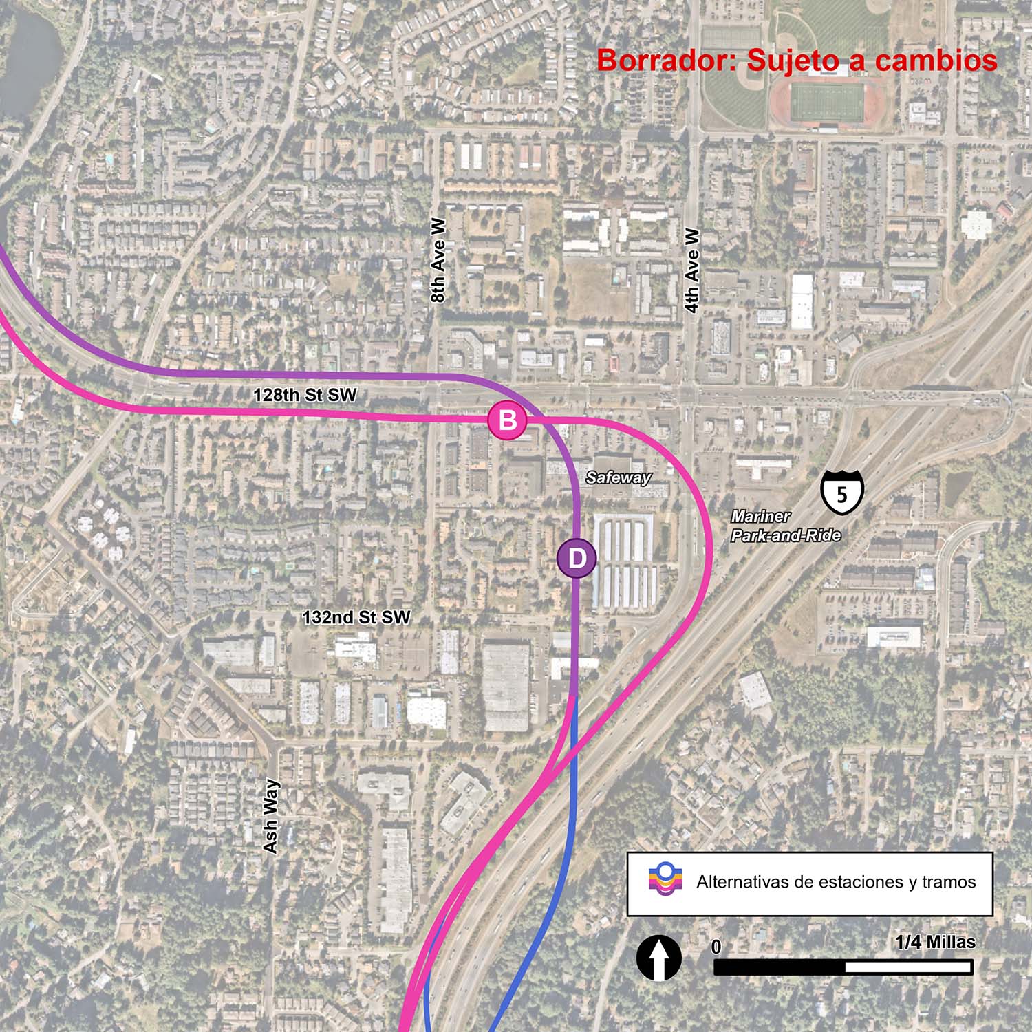 El segmento Mariner se extiende desde el segmento Ash Way en el sur hasta el segmento State Route Ninety-Nine / Airport Road en el norte. La alternativa de ruta MAR-1 y la alternativa de estación MAR-B se muestran en rosa, y la alternativa de ruta MAR-2 y la alternativa de estación MAR-D se muestran en morado. La alternativa de ruta MAR-1 comienza en una ruta elevada cerca de 154th Street Southwest a lo largo del lado oeste de la Interstate 5 para dar un amplio giro a la izquierda que lleva a la ruta elevada a lo largo del lado sur de 128th Southwest, antes de acercarse a la estación elevada MAR-B en la intersección con 8th Avenue West. La ruta MAR-1 continúa hacia el oeste más allá de la alternativa de la estación MAR-B hasta que la 128th Avenue West gira hacia el noroeste y se convierte en Airport Road. La alternativa de ruta MAR-2 comienza en una ruta elevada cerca de 134th Street Southwest y gira hacia el norte entre 4th Avenue West y 8th Avenue West antes de llegar a la alternativa de estación MAR-D, ubicada junto al estacionamiento del Safeway y el estacionamiento para vehículos de pasajeros Mariner, antes de girar hacia el oeste para ir a lo largo del lado norte de 128th Street Southwest y, finalmente, Airport Road. El estacionamiento de MAR-B se indica con un rectángulo rosa sólido al este del estacionamiento para pasajeros Mariner. La opción del plano del estacionamiento superficial MAR-B se indica con líneas punteadas en color rosa y se encima parcialmente en el estacionamiento estructurado MAR-B.  El estacionamiento estructurado MAR-D se indica con un triángulo morado sólido y la opción de diseño de estacionamiento de superficie MAR-D se indica con líneas punteadas en color morado.